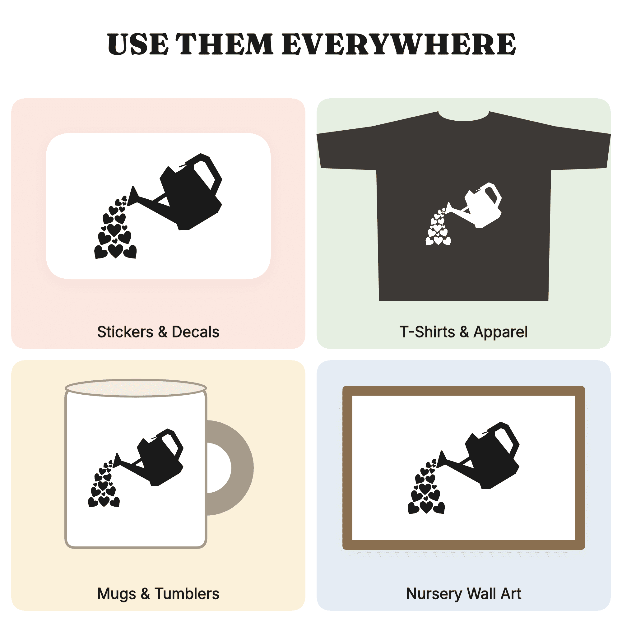 Vintage Watering Can Pouring Hearts SVG PNG, Grandparents Day Silhouette Cut File Design, view 3