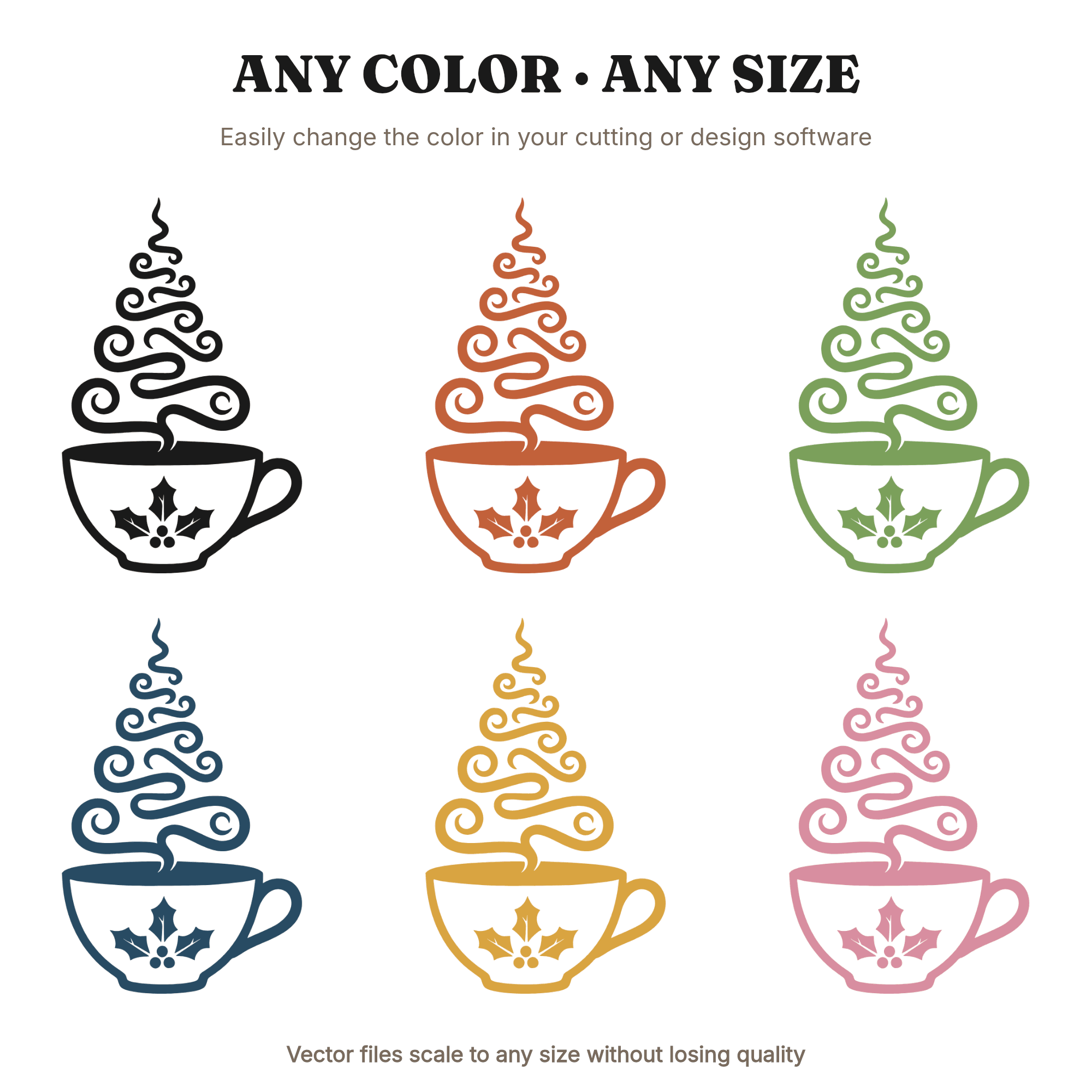 Christmas Teacup Tree Steam SVG PNG Cut File, Modern Holiday Kitchen Decor Silhouette Design, view 2