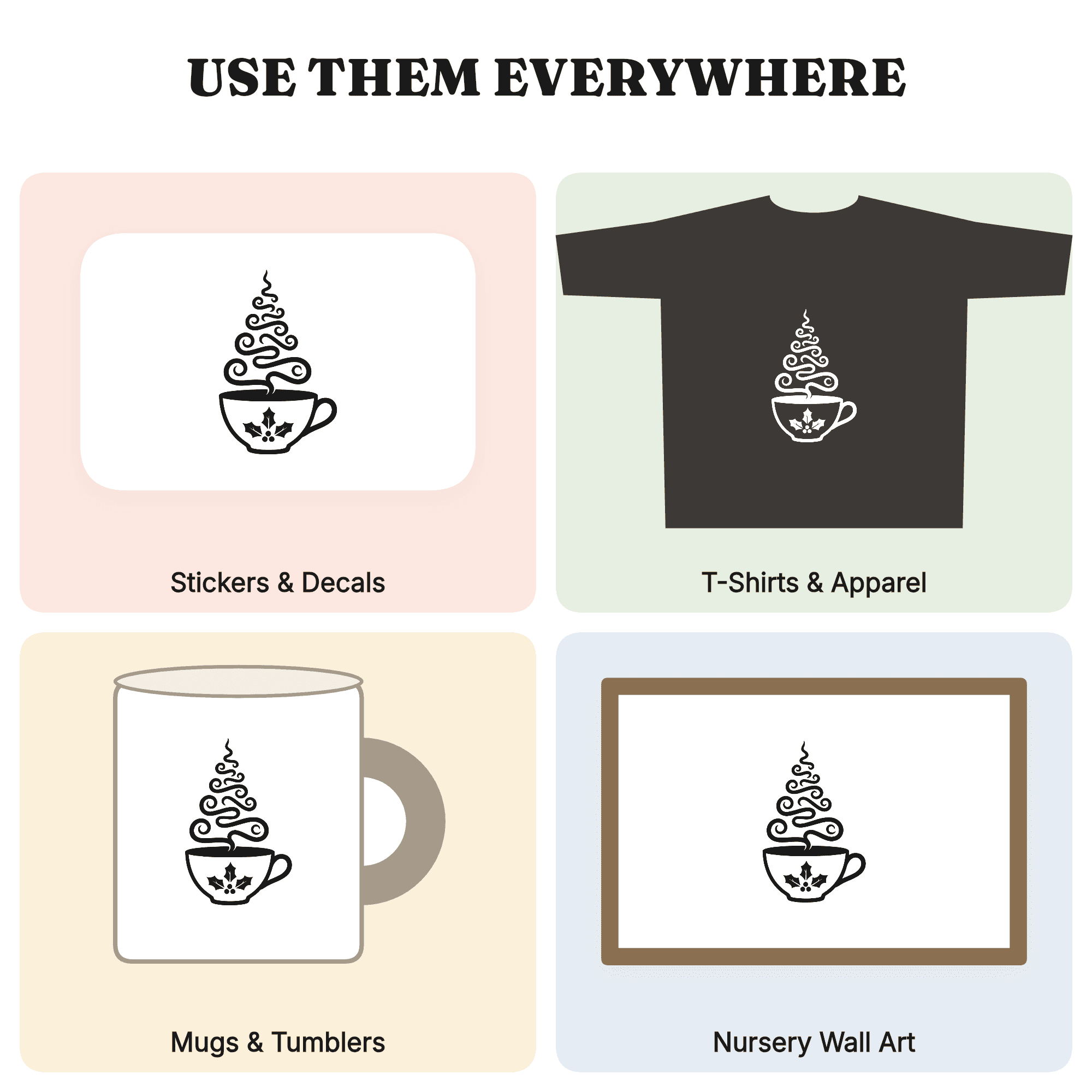 Christmas Teacup Tree Steam SVG PNG Cut File, Modern Holiday Kitchen Decor Silhouette Design, view 3
