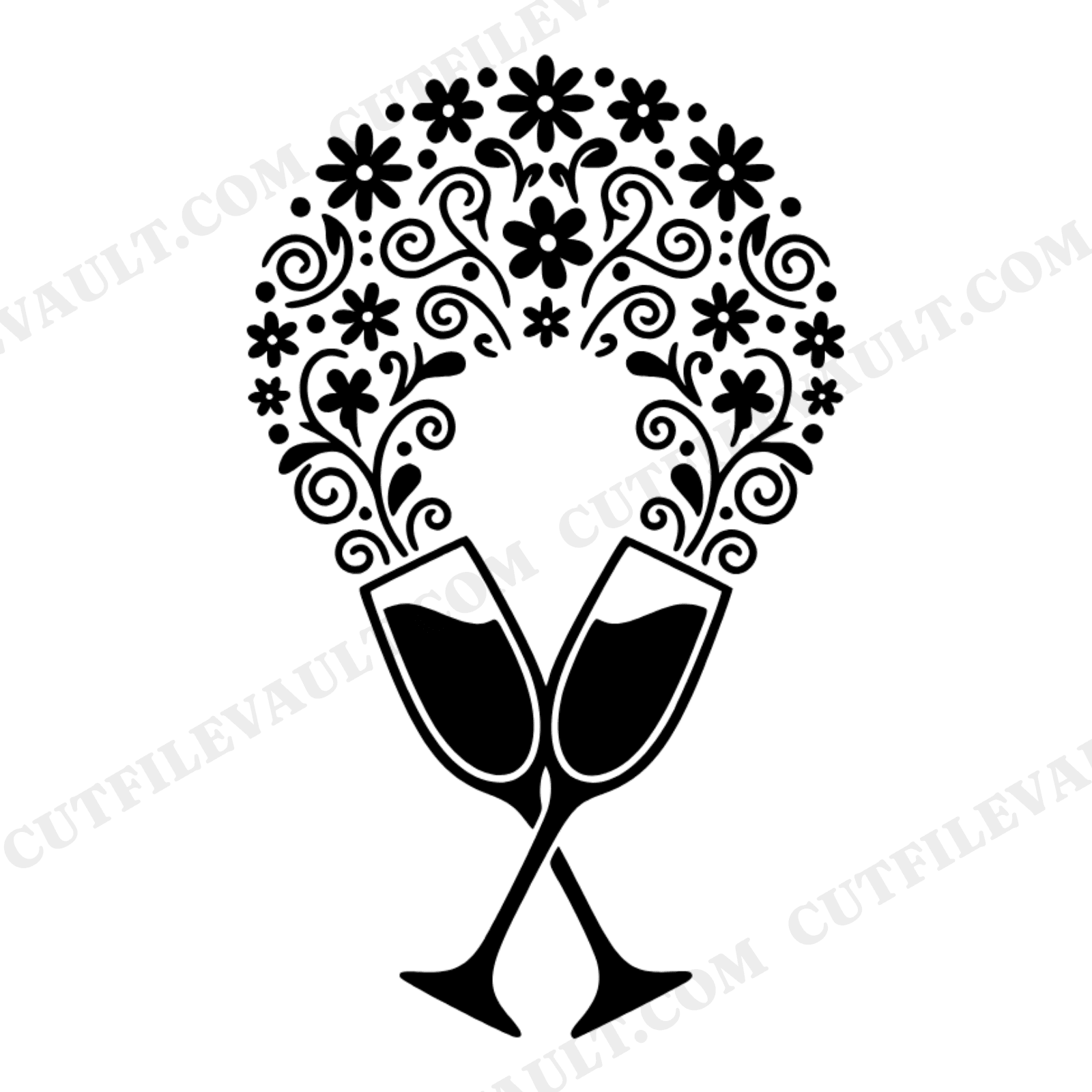 Crossed Champagne Flutes SVG PNG, Wildflower Bubbles Cut File, Cottagecore Wedding Bridal Shower, view 1