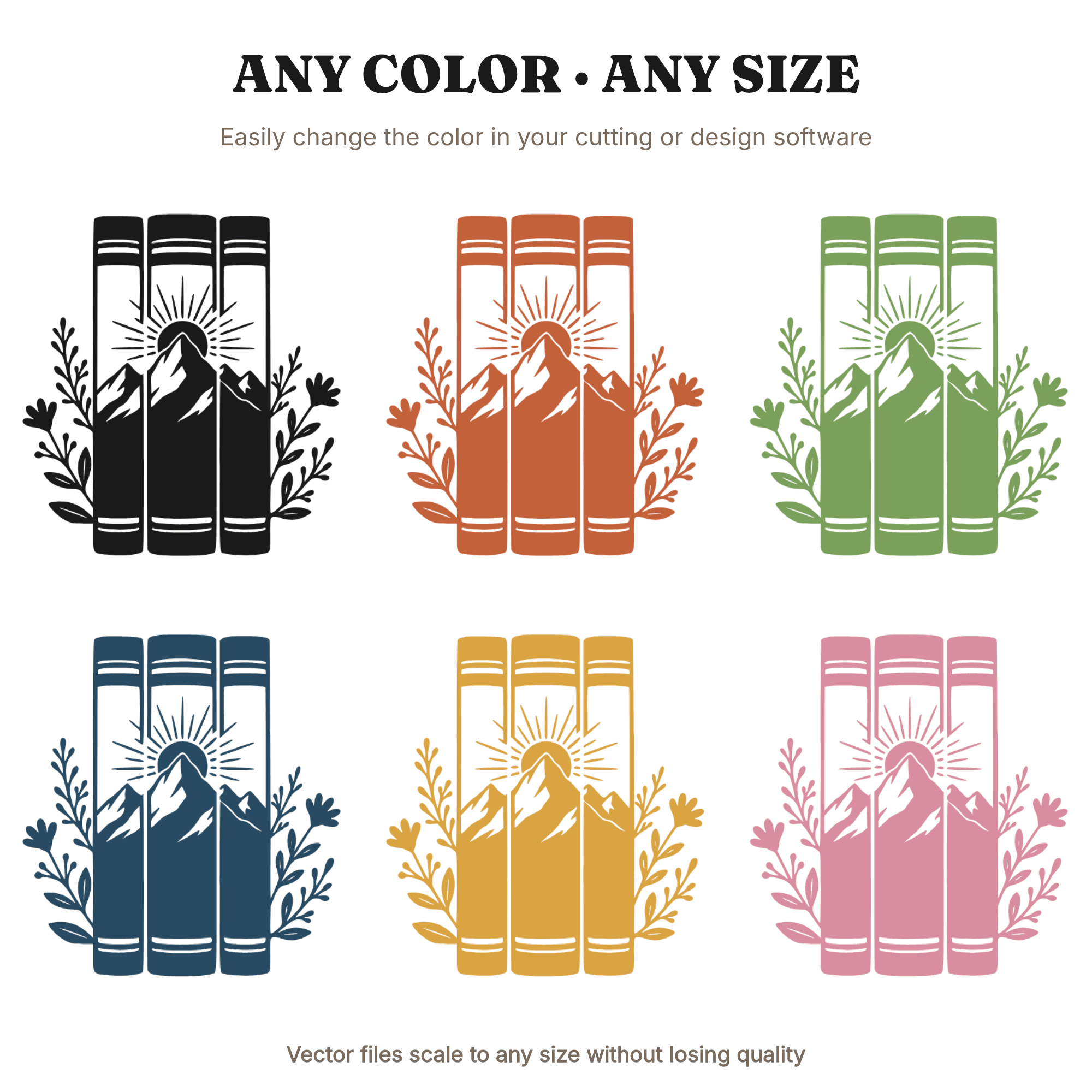 Boho Book Stack Mountain Scene SVG PNG, Farmhouse Library Decor Cut File, Cottagecore Reading Nook, view 2