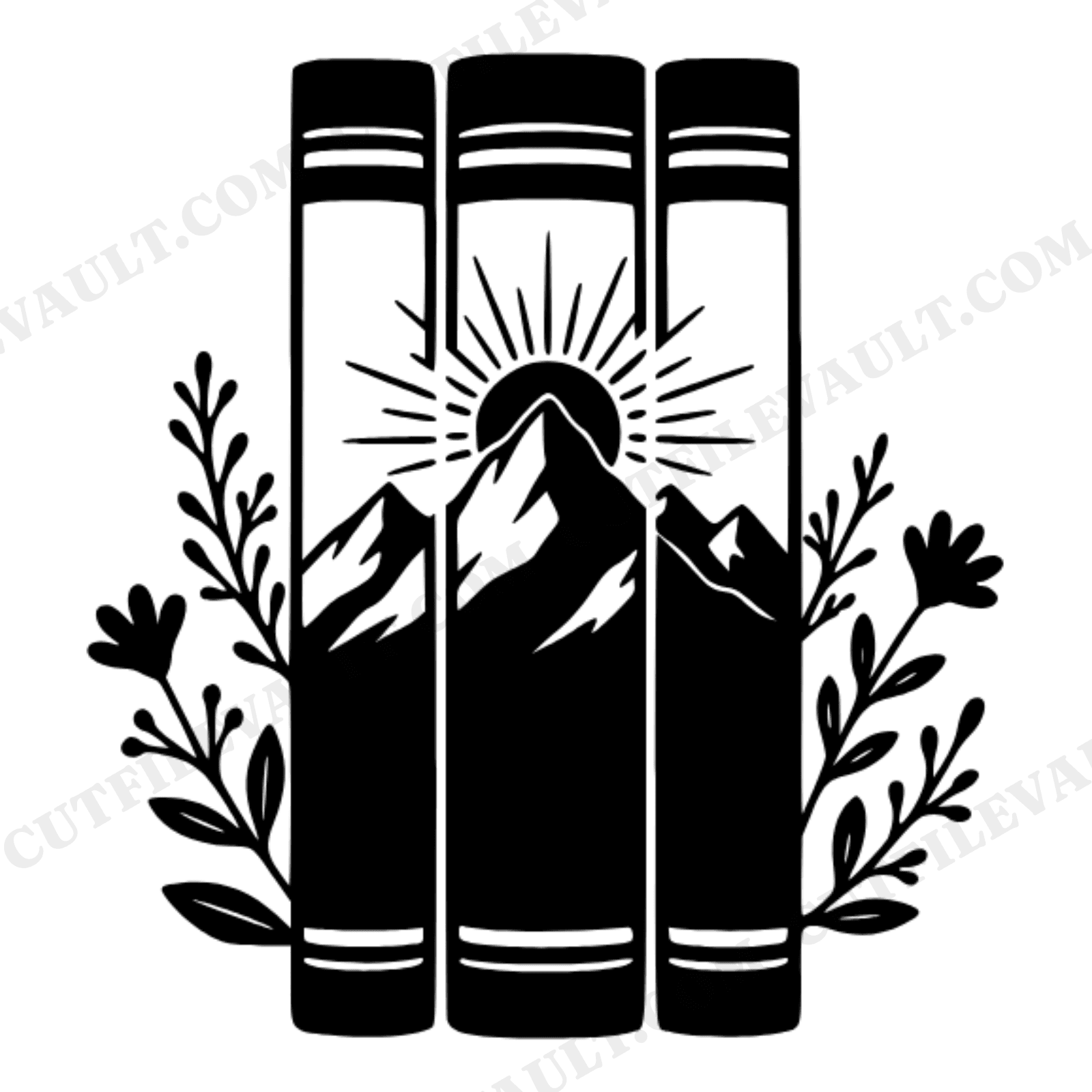 Boho Book Stack Mountain Scene SVG PNG, Farmhouse Library Decor Cut File, Cottagecore Reading Nook, view 1