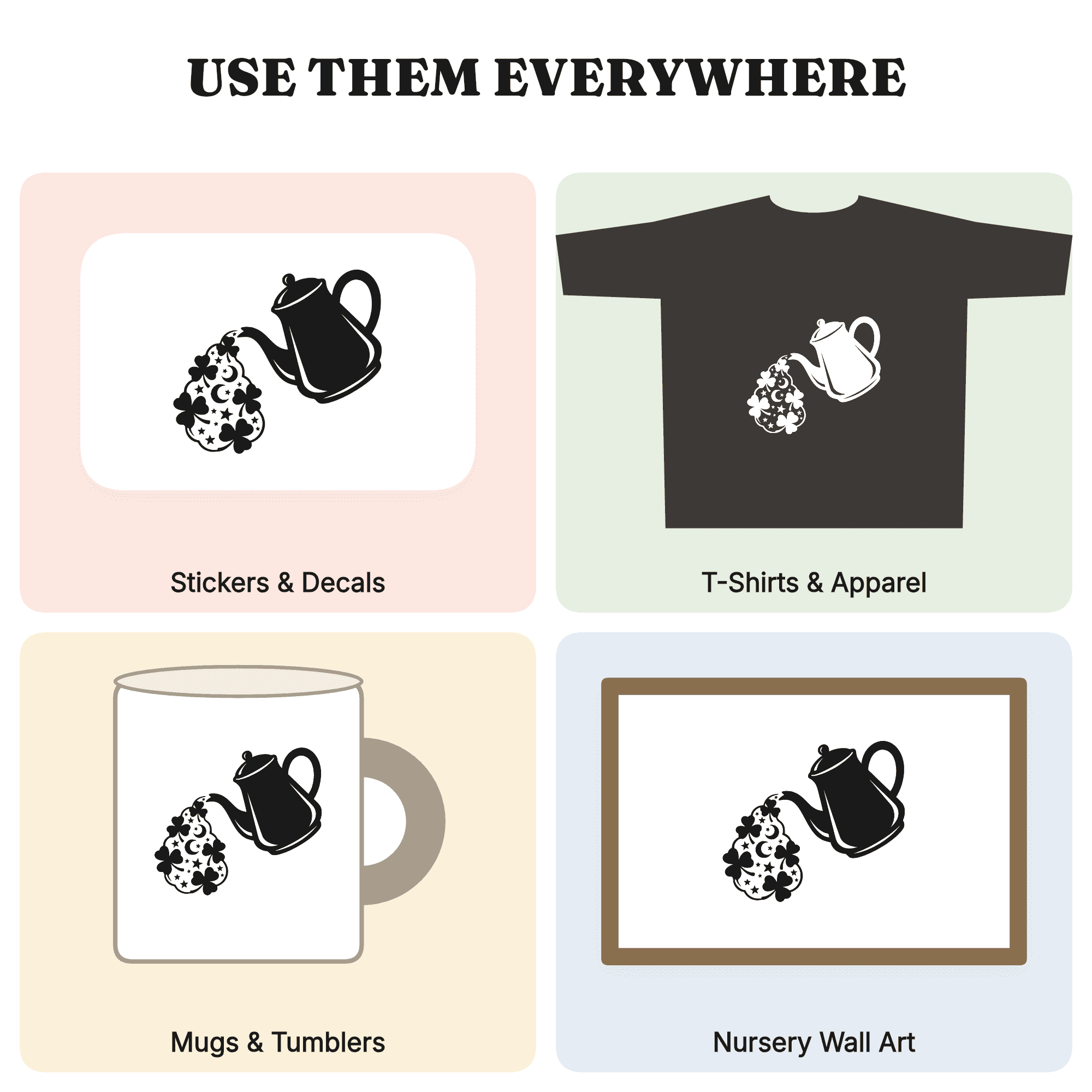 Celestial Irish Coffee Pot SVG PNG, Shamrock Steam with Stars and Moons, St Patrick's Day Cut File, view 3
