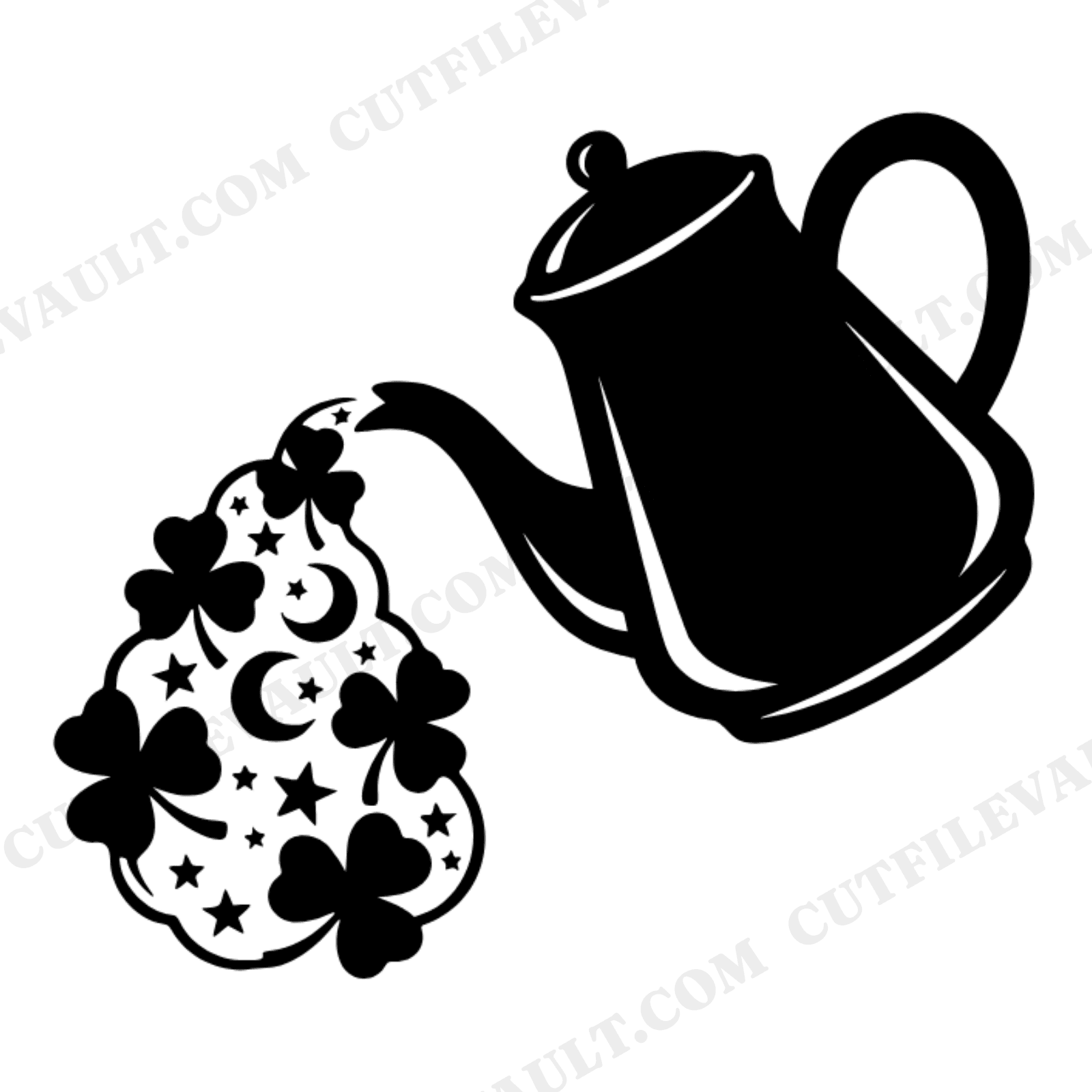 Celestial Irish Coffee Pot SVG PNG, Shamrock Steam with Stars and Moons, St Patrick's Day Cut File, view 1