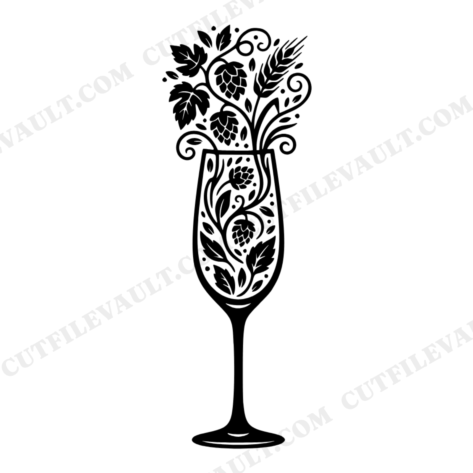 Champagne Glass SVG with Hop Vines, Autumn Botanical Flute PNG, Boho Harvest Celebration Cut File, view 1