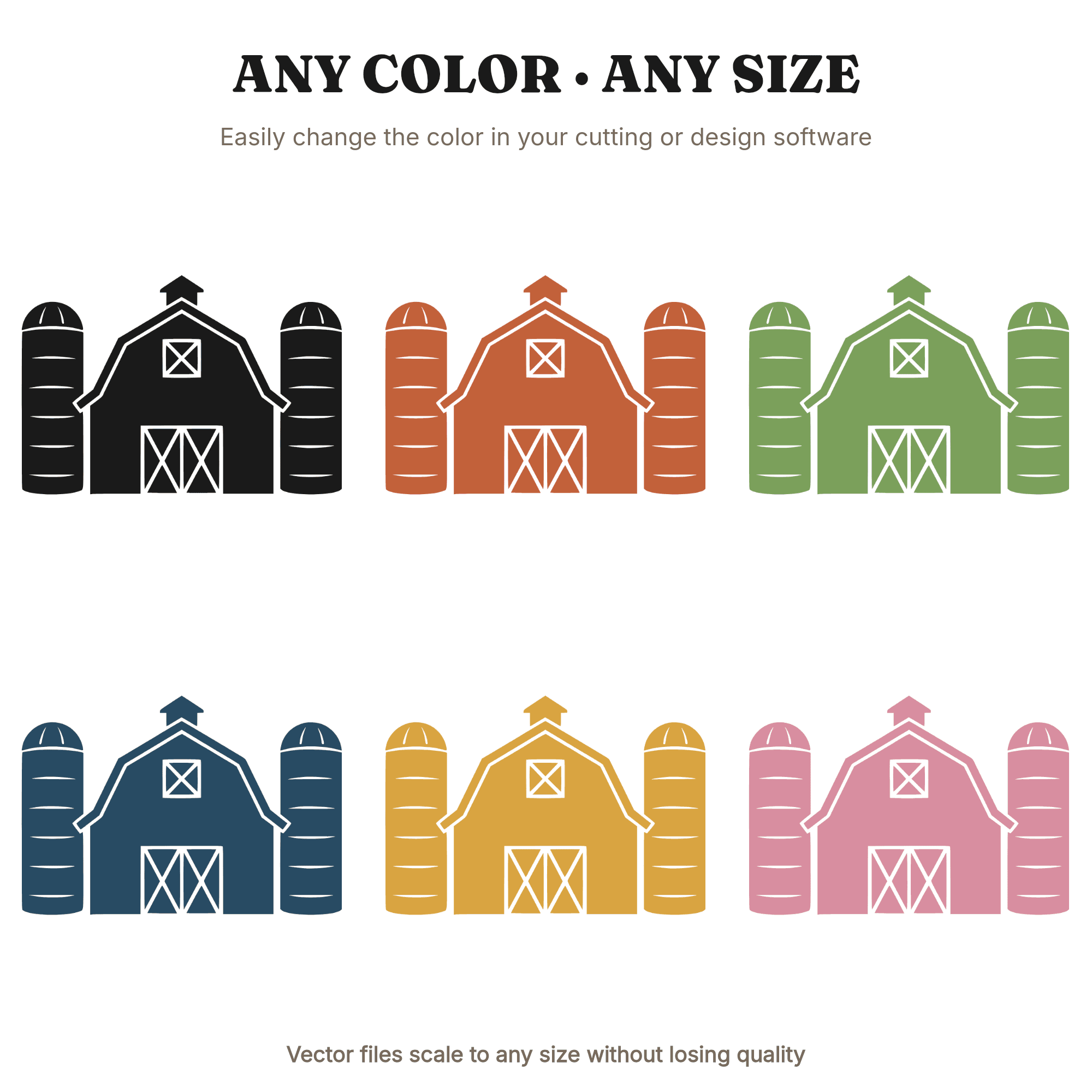 Farmhouse Barn SVG, Symmetrical Barn with Silos PNG, Autumn Folk Art Cut File, Rustic Nursery Decor, view 2