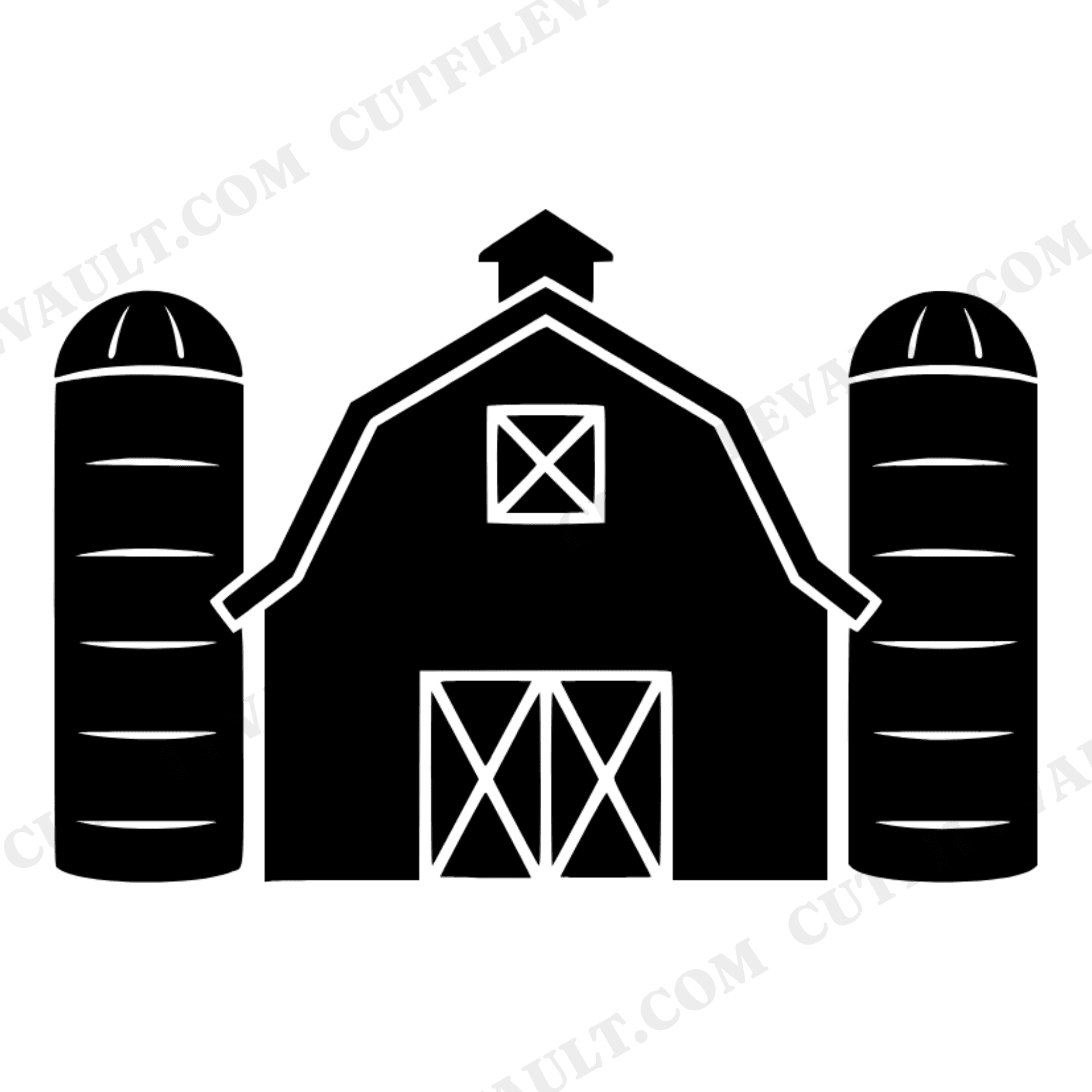 Farmhouse Barn SVG, Symmetrical Barn with Silos PNG, Autumn Folk Art Cut File, Rustic Nursery Decor, view 1