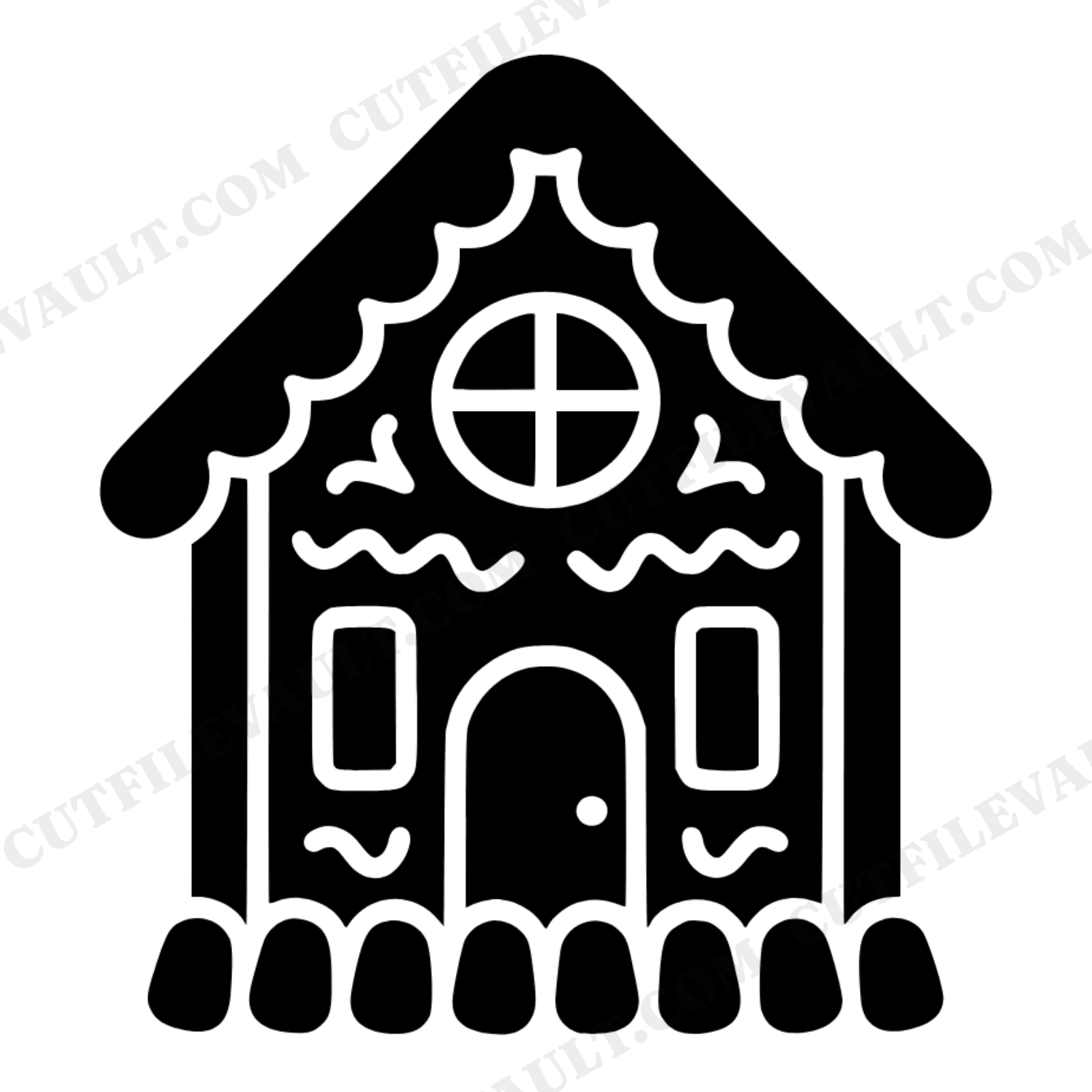 Symmetrical Gingerbread House SVG PNG, Retro 70s Folk Art Silhouette, Christmas Papercut Design, view 1