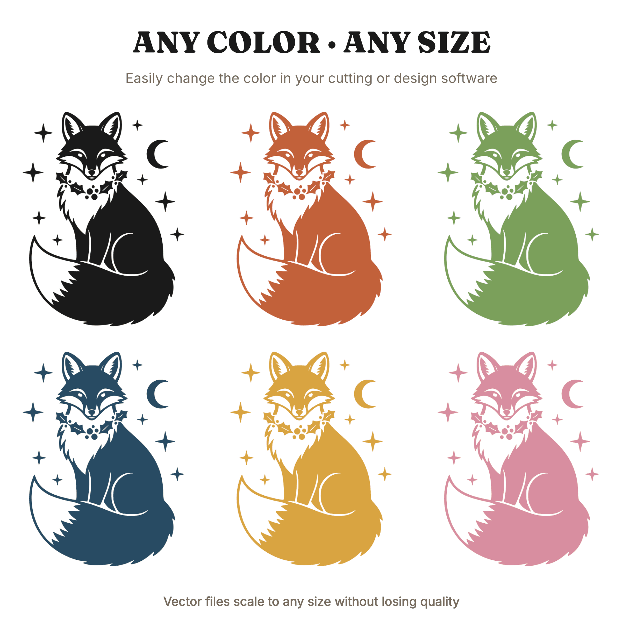 Celestial Christmas Fox SVG, Mystical Woodland Fox with Holly Collar PNG, Winter Fox Silhouette Cut File, view 2