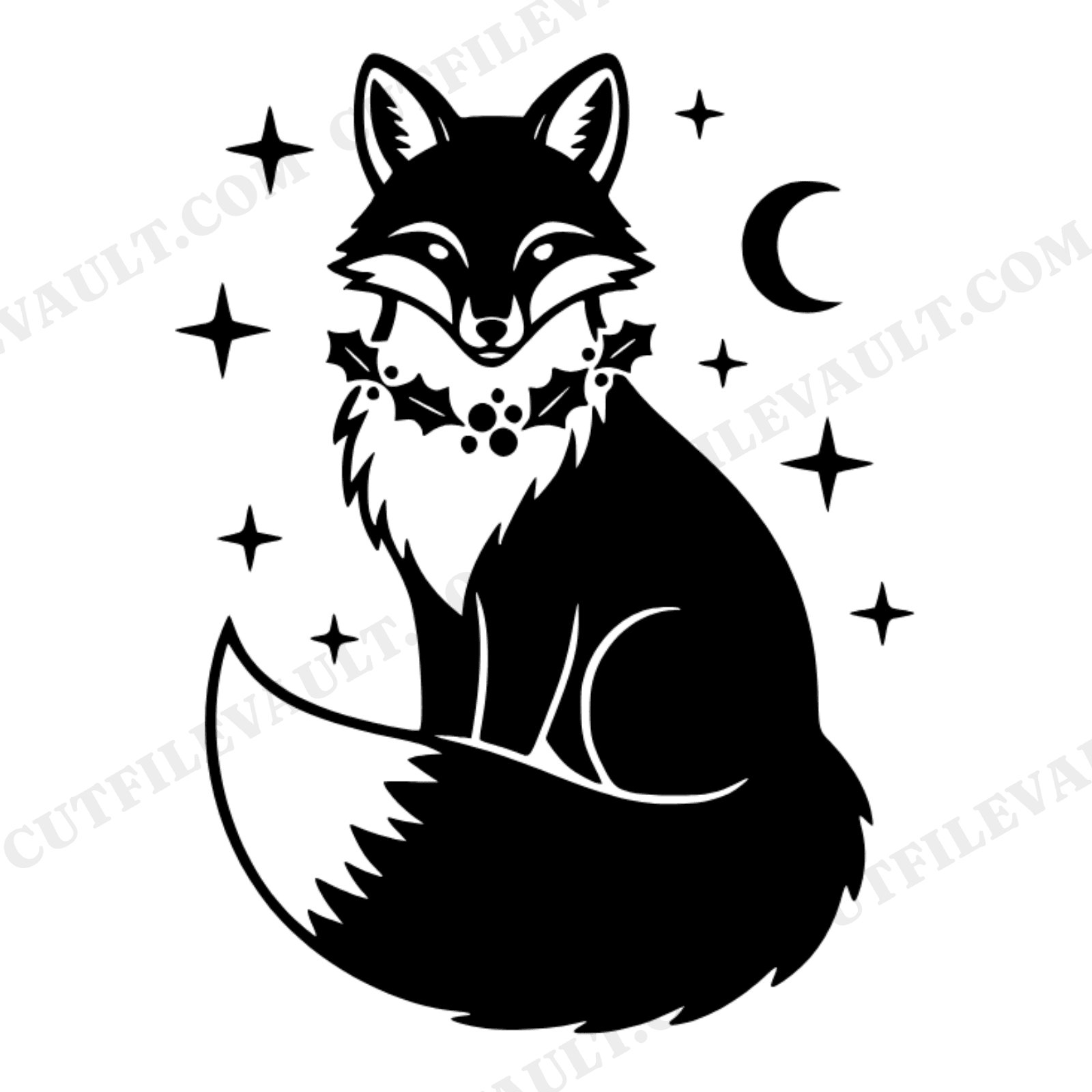 Celestial Christmas Fox SVG, Mystical Woodland Fox with Holly Collar PNG, Winter Fox Silhouette Cut File, view 1