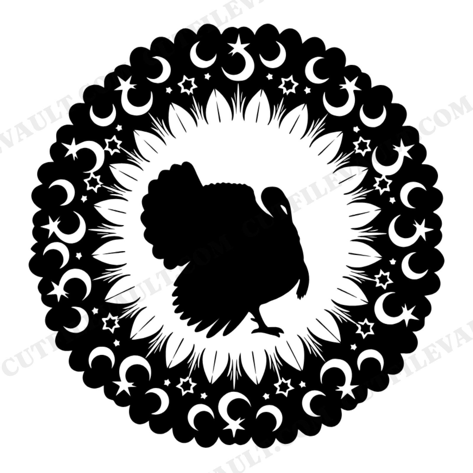Celestial Turkey Wreath SVG PNG, Crescent Moon Tail Feathers Cut File, Mystical Thanksgiving Decor, view 1