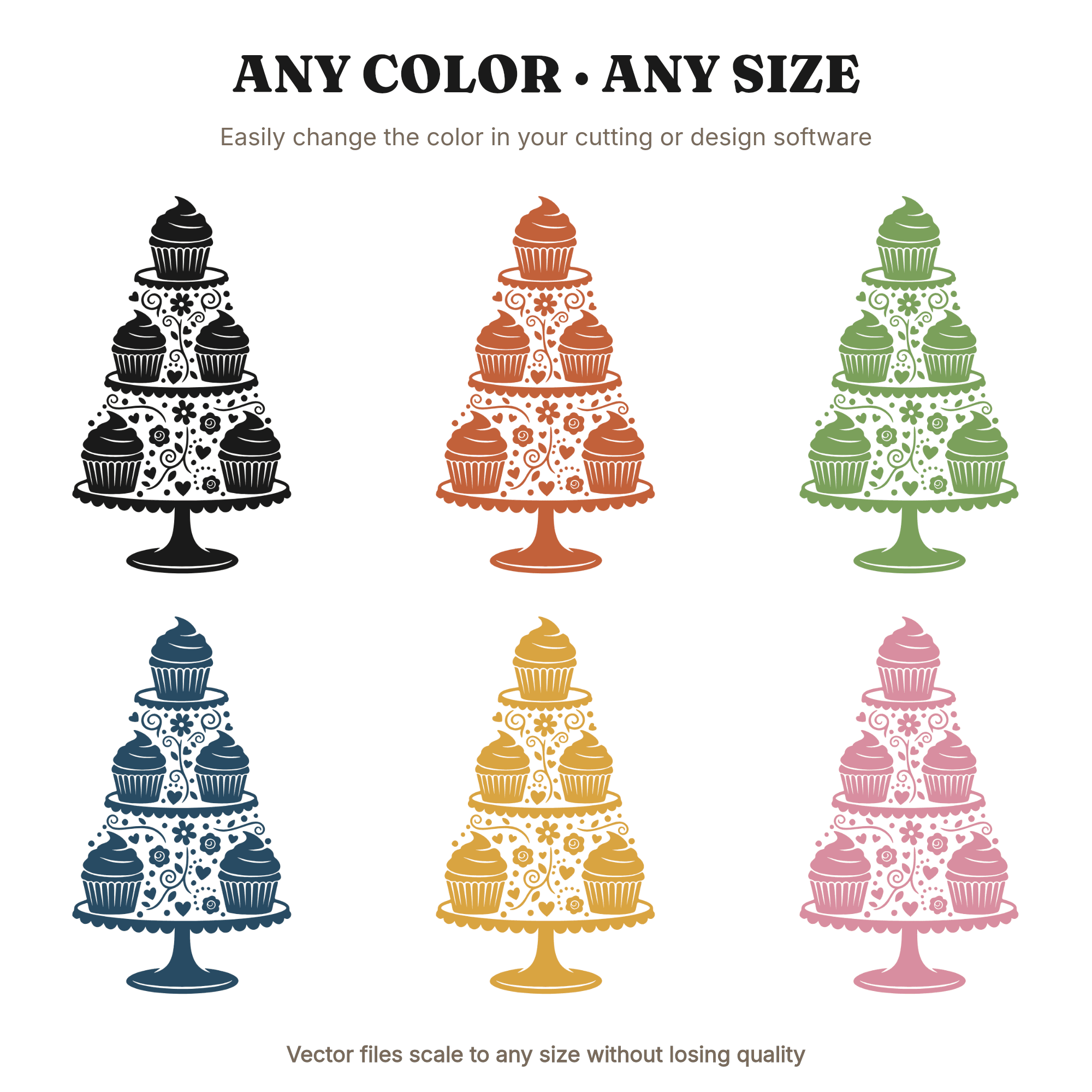 Valentine Cupcake Tower SVG PNG, Cottagecore Floral Hearts Silhouette Cut File for Party Decor, view 2