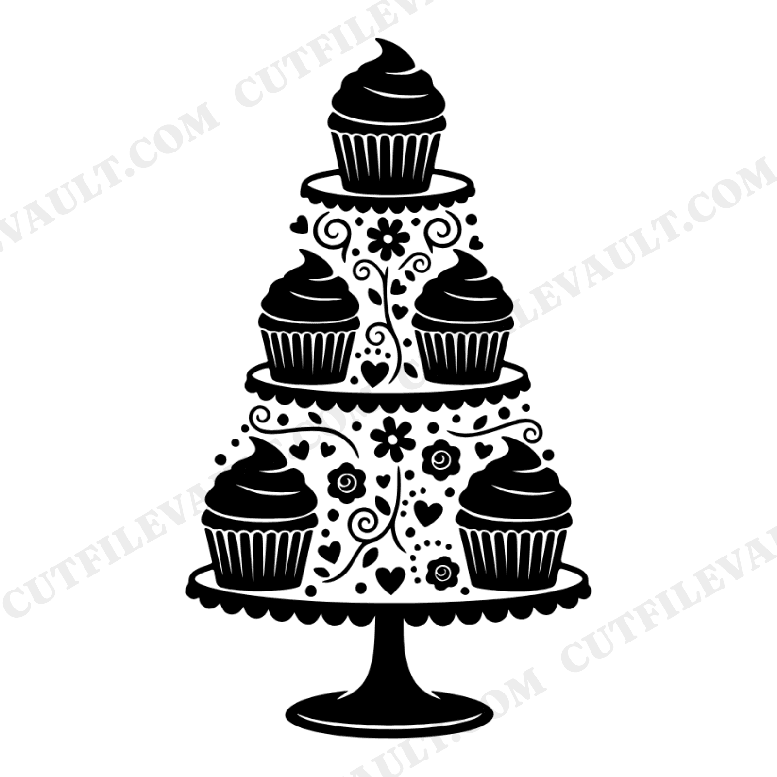 Valentine Cupcake Tower SVG PNG, Cottagecore Floral Hearts Silhouette Cut File for Party Decor, view 1