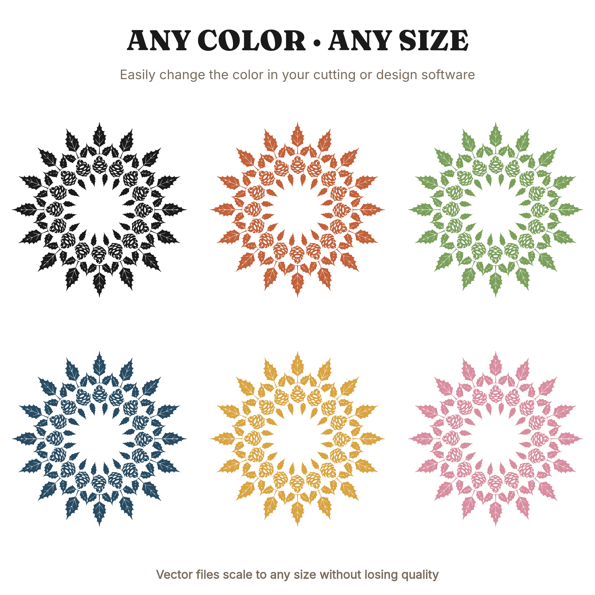 Farmhouse Christmas Wreath SVG, Radial Mandala Silhouette PNG, Scandinavian Holiday Decor Cut File, view 2
