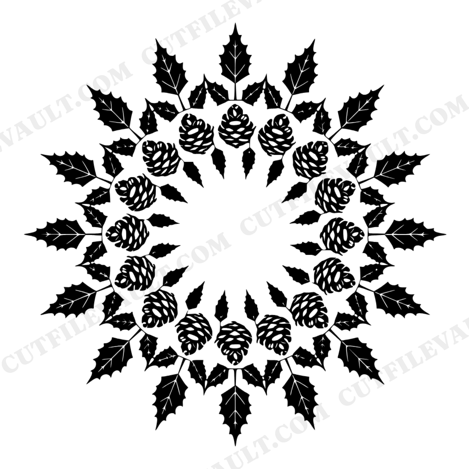 Farmhouse Christmas Wreath SVG, Radial Mandala Silhouette PNG, Scandinavian Holiday Decor Cut File, view 1