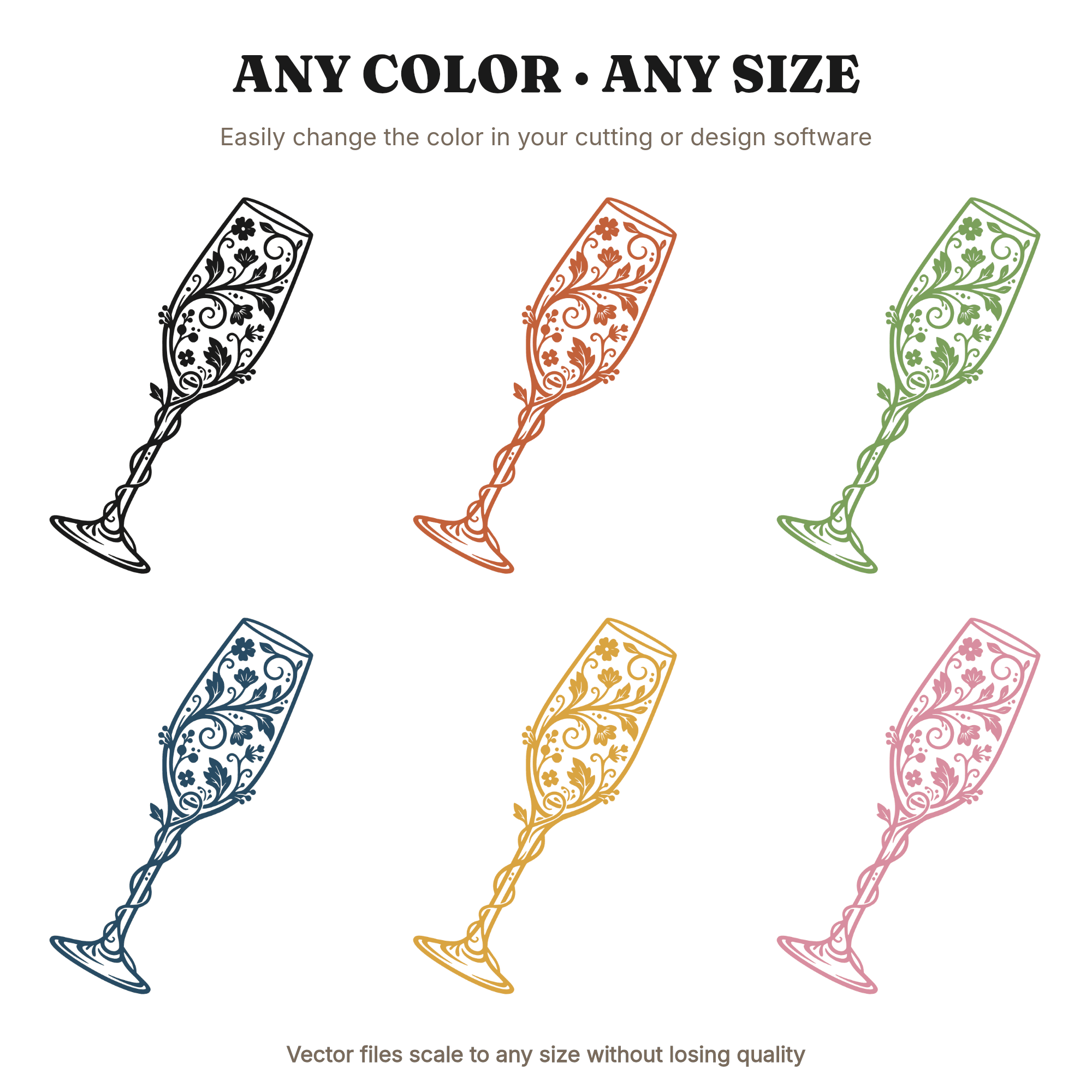 Art Nouveau Champagne Flute SVG PNG, Floral Wedding Glass Cut File, Bridal Shower Invitation Clipart, view 2