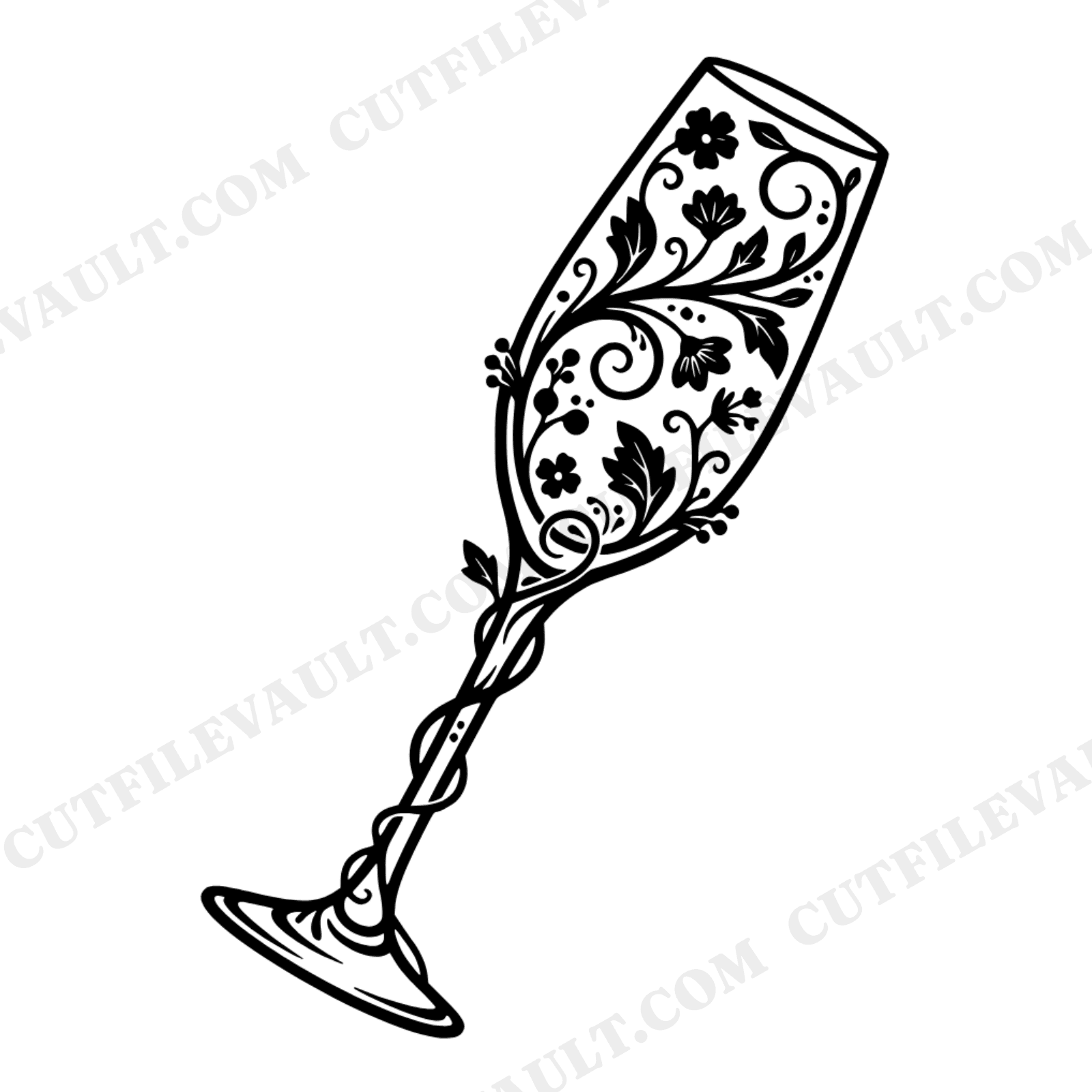 Art Nouveau Champagne Flute SVG PNG, Floral Wedding Glass Cut File, Bridal Shower Invitation Clipart, view 1