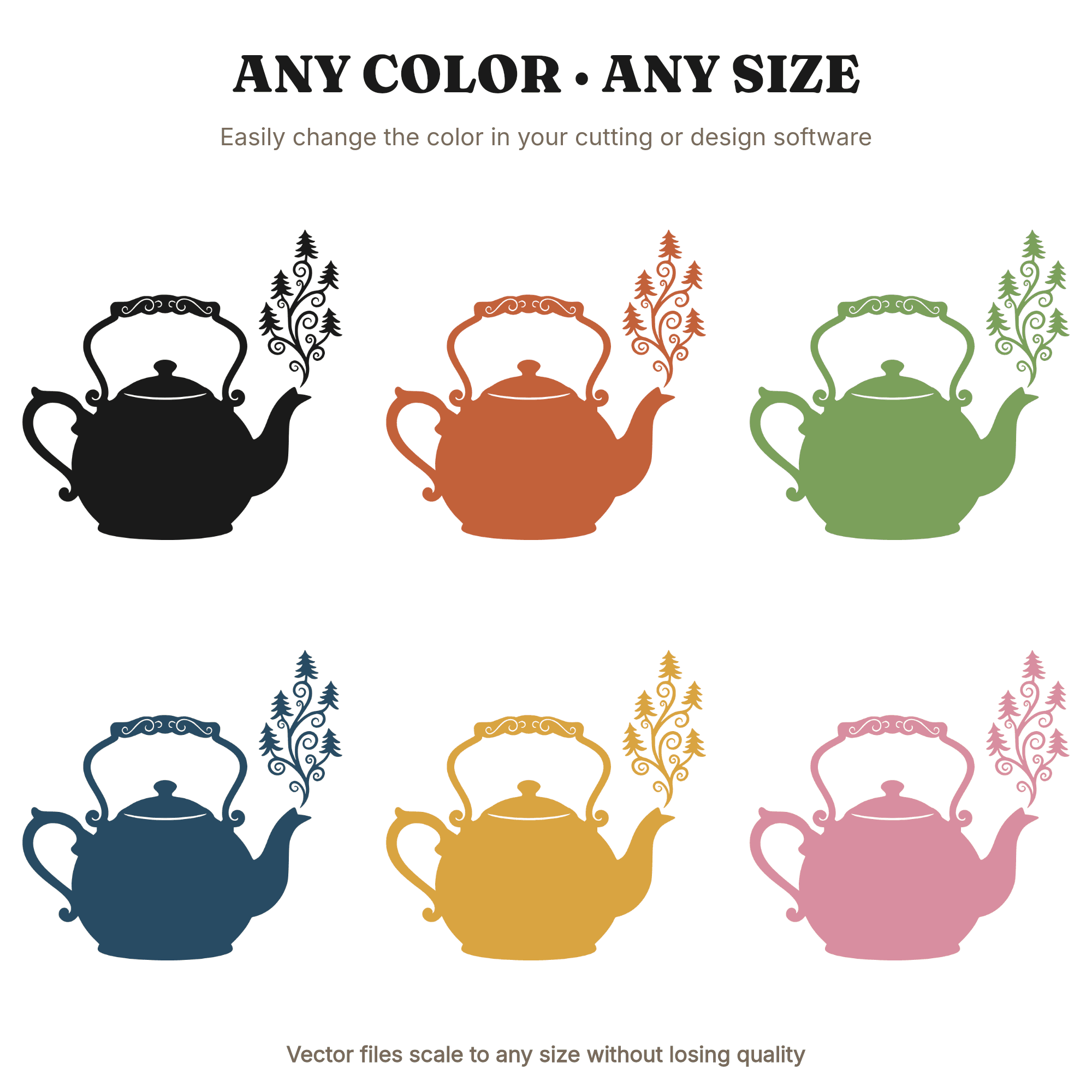 Christmas Tea Kettle SVG, Fir Tree Steam PNG, Cottagecore Holiday Kitchen Cut File, Winter Teatime, view 2