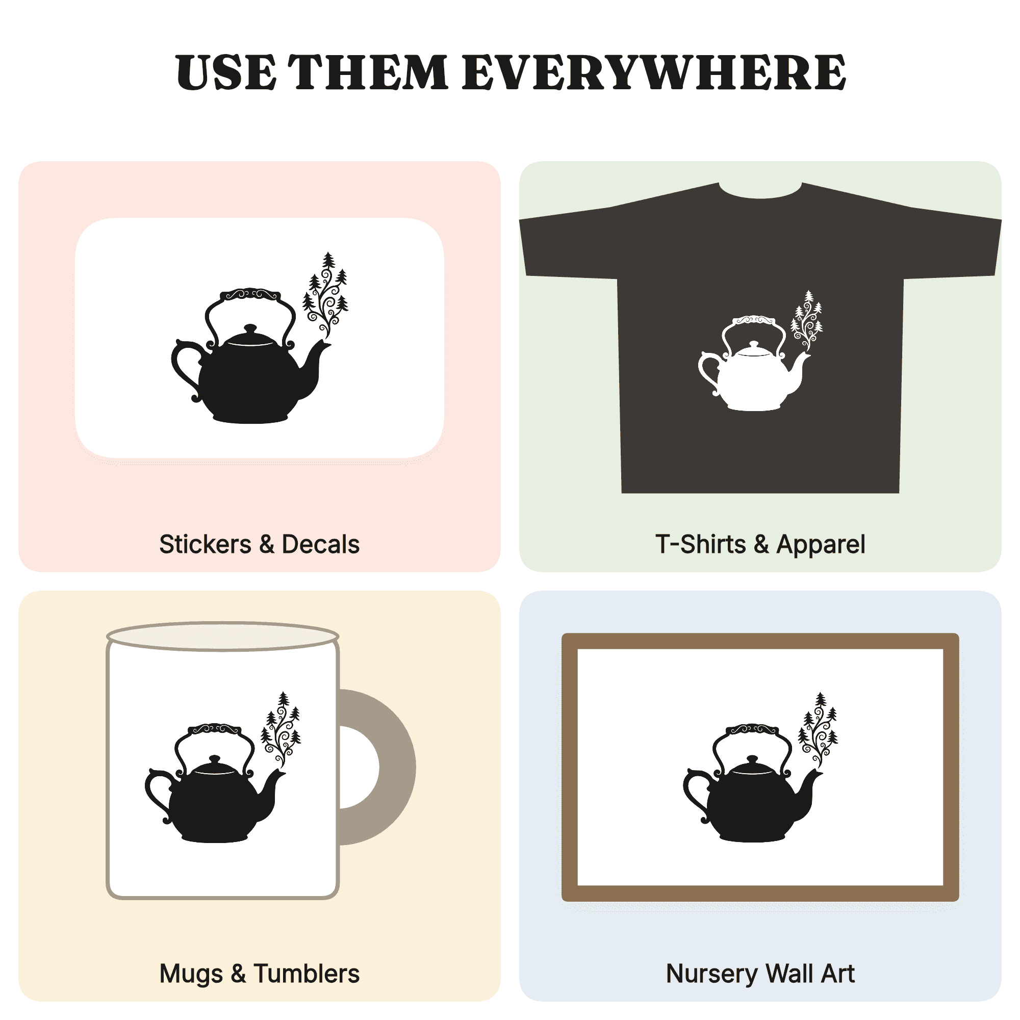 Christmas Tea Kettle SVG, Fir Tree Steam PNG, Cottagecore Holiday Kitchen Cut File, Winter Teatime, view 3