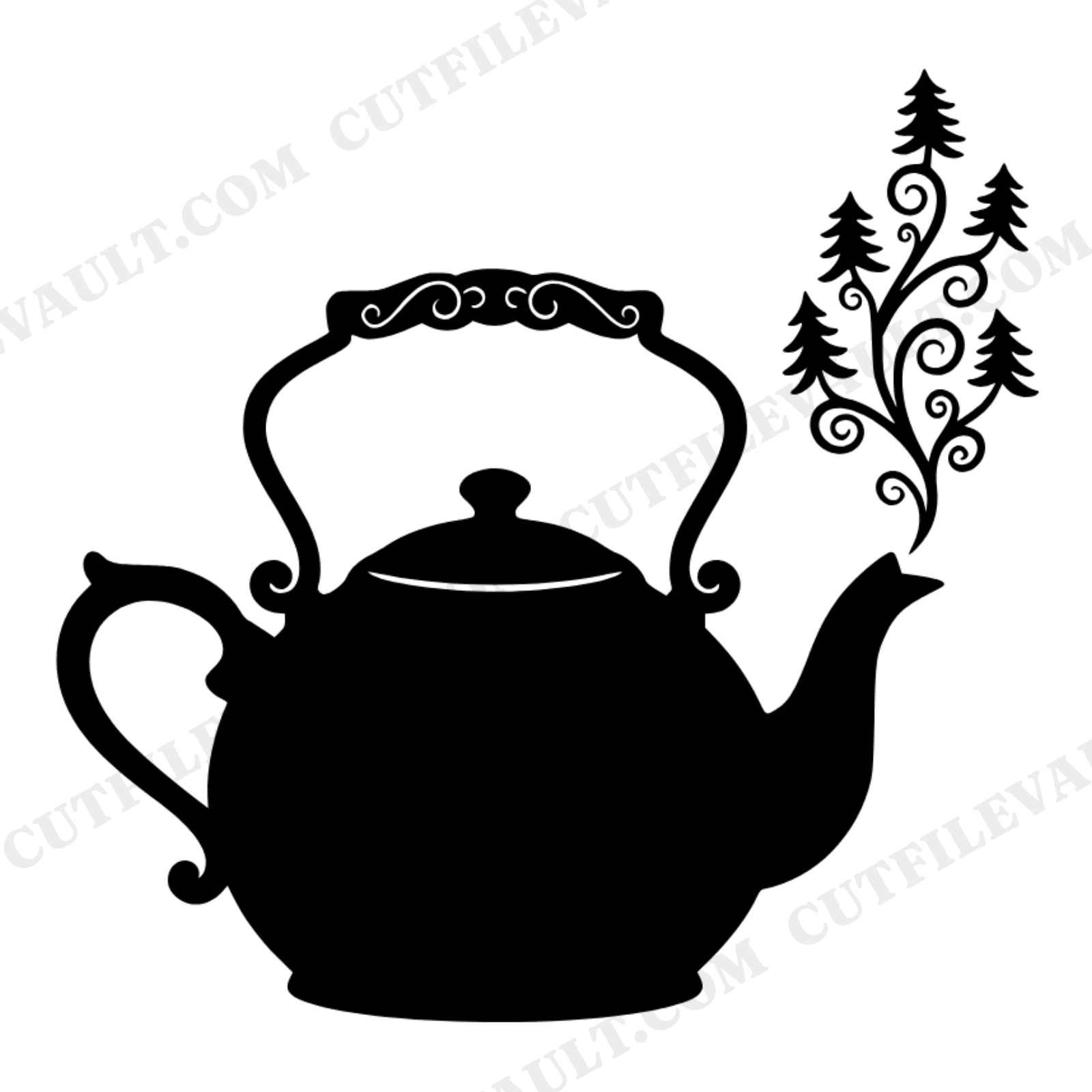 Christmas Tea Kettle SVG, Fir Tree Steam PNG, Cottagecore Holiday Kitchen Cut File, Winter Teatime, view 1
