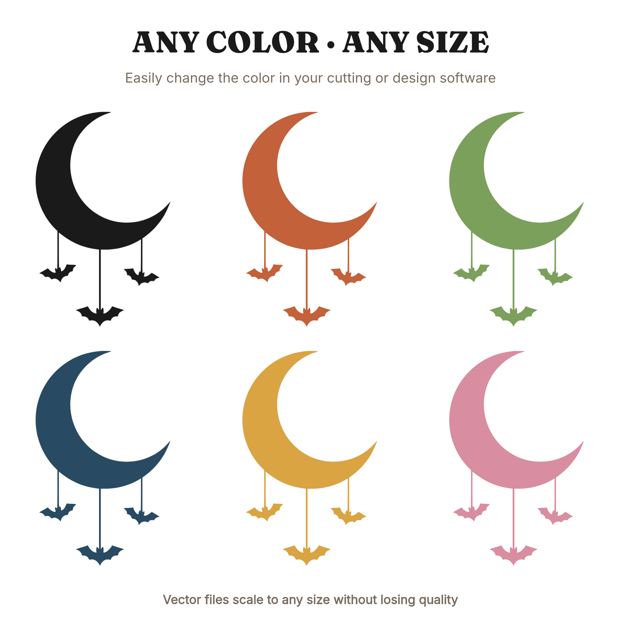 Crescent Moon Mobile with Hanging Bats SVG PNG, Vintage Botanical Halloween Cut File, Spooky Decor, view 2