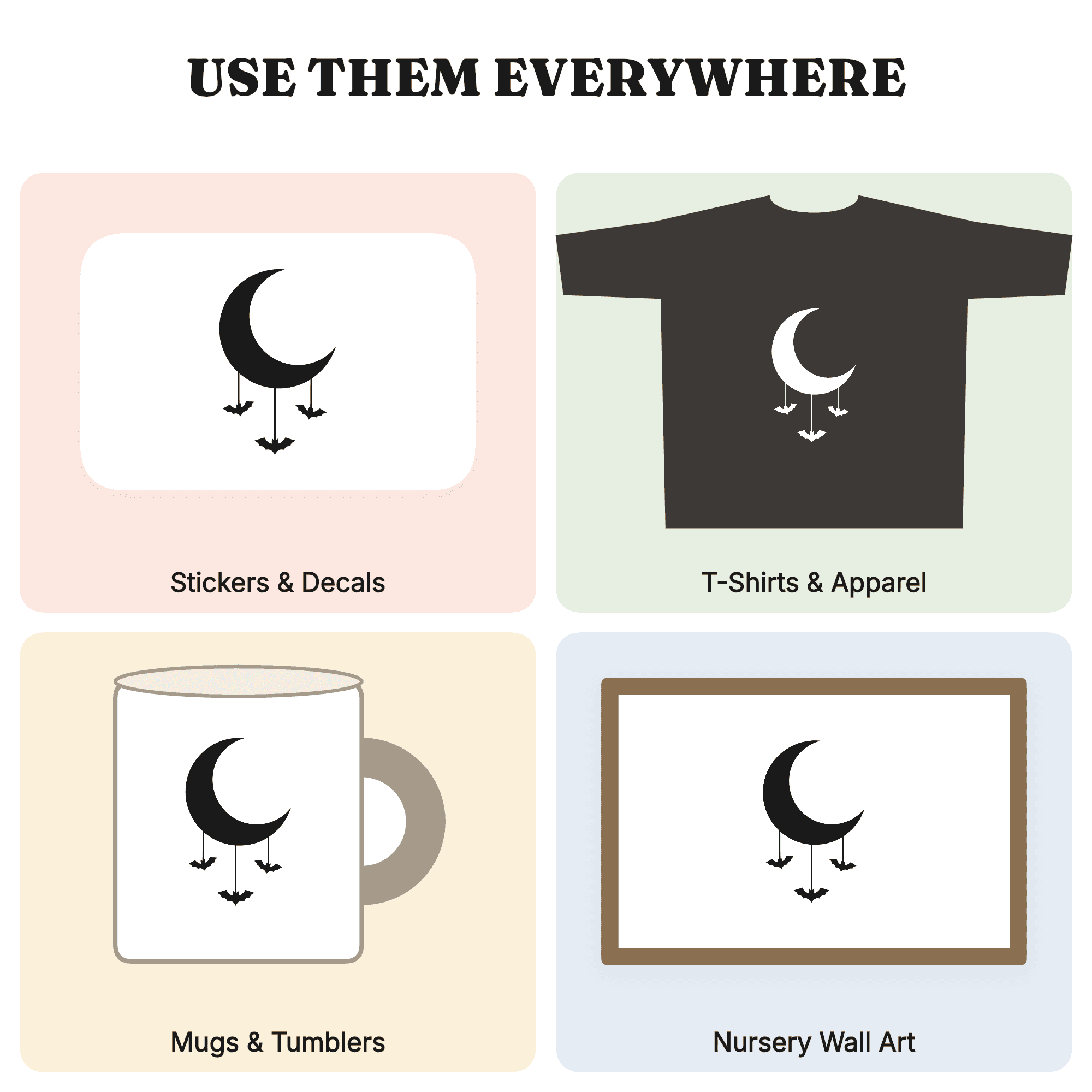 Crescent Moon Mobile with Hanging Bats SVG PNG, Vintage Botanical Halloween Cut File, Spooky Decor, view 3