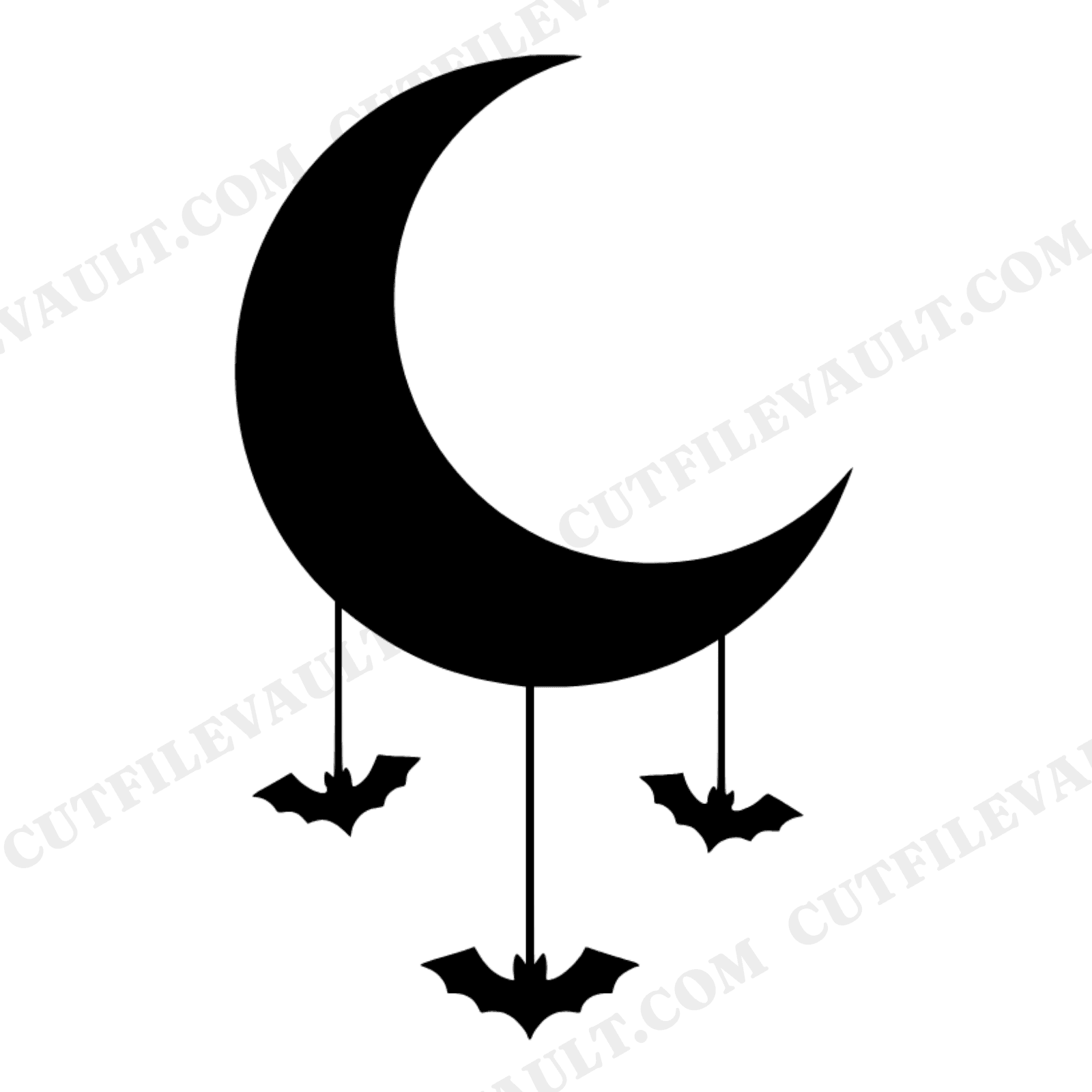 Crescent Moon Mobile with Hanging Bats SVG PNG, Vintage Botanical Halloween Cut File, Spooky Decor, view 1