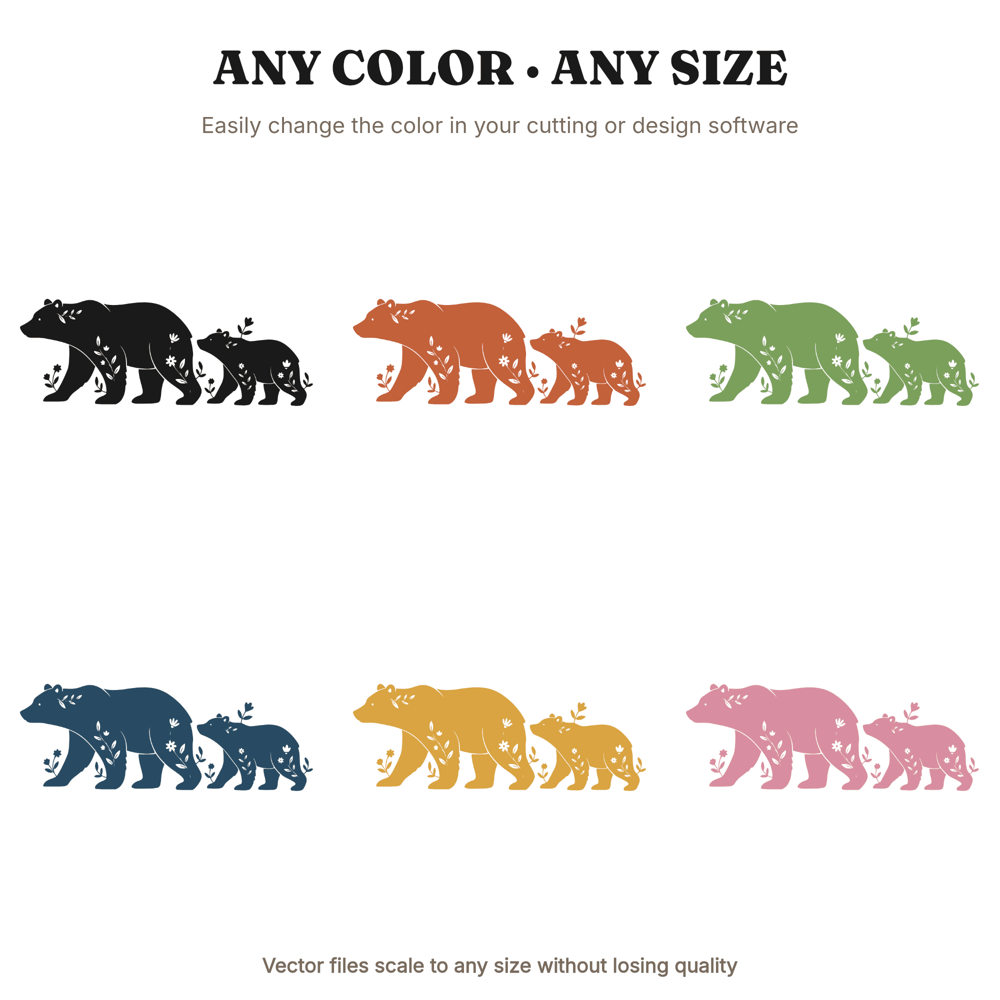 Mama Bear and Cub SVG PNG Silhouette, Grandparents Day Card Cut File, Vintage Botanical Design, view 2