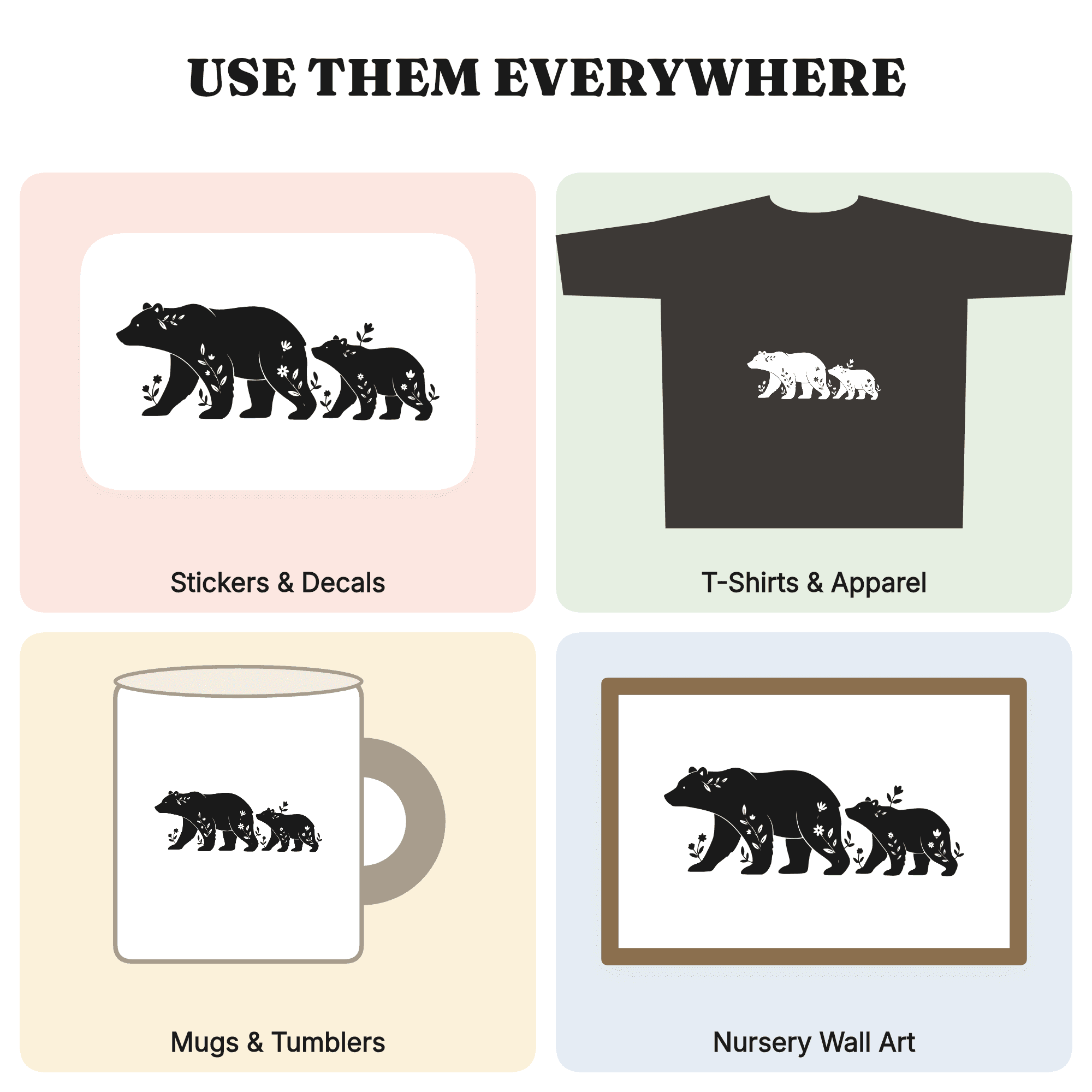Mama Bear and Cub SVG PNG Silhouette, Grandparents Day Card Cut File, Vintage Botanical Design, view 3