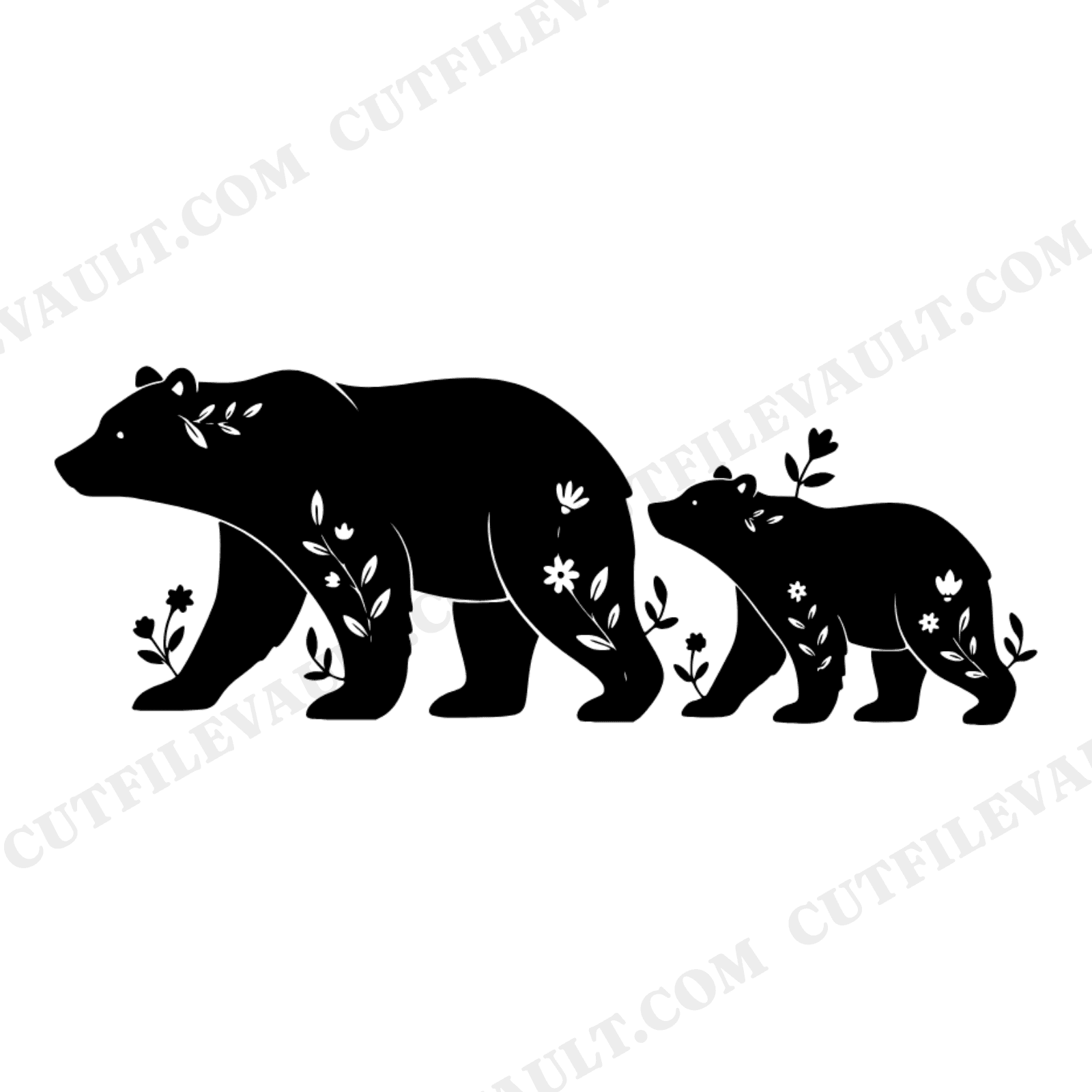 Mama Bear and Cub SVG PNG Silhouette, Grandparents Day Card Cut File, Vintage Botanical Design, view 1
