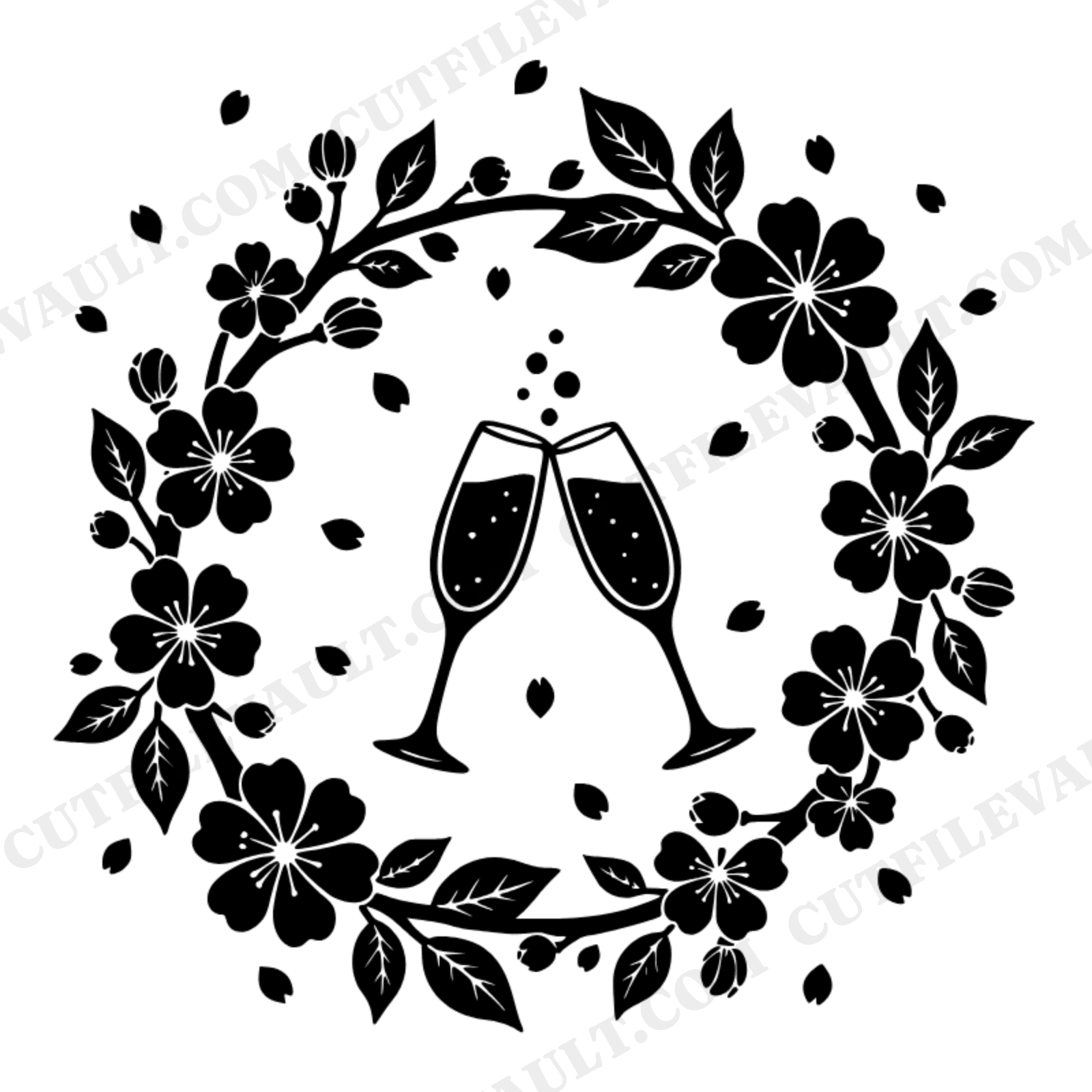 Easter Champagne Toast Cherry Blossom Wreath SVG PNG, Spring Wedding Invitation Cut File, view 1