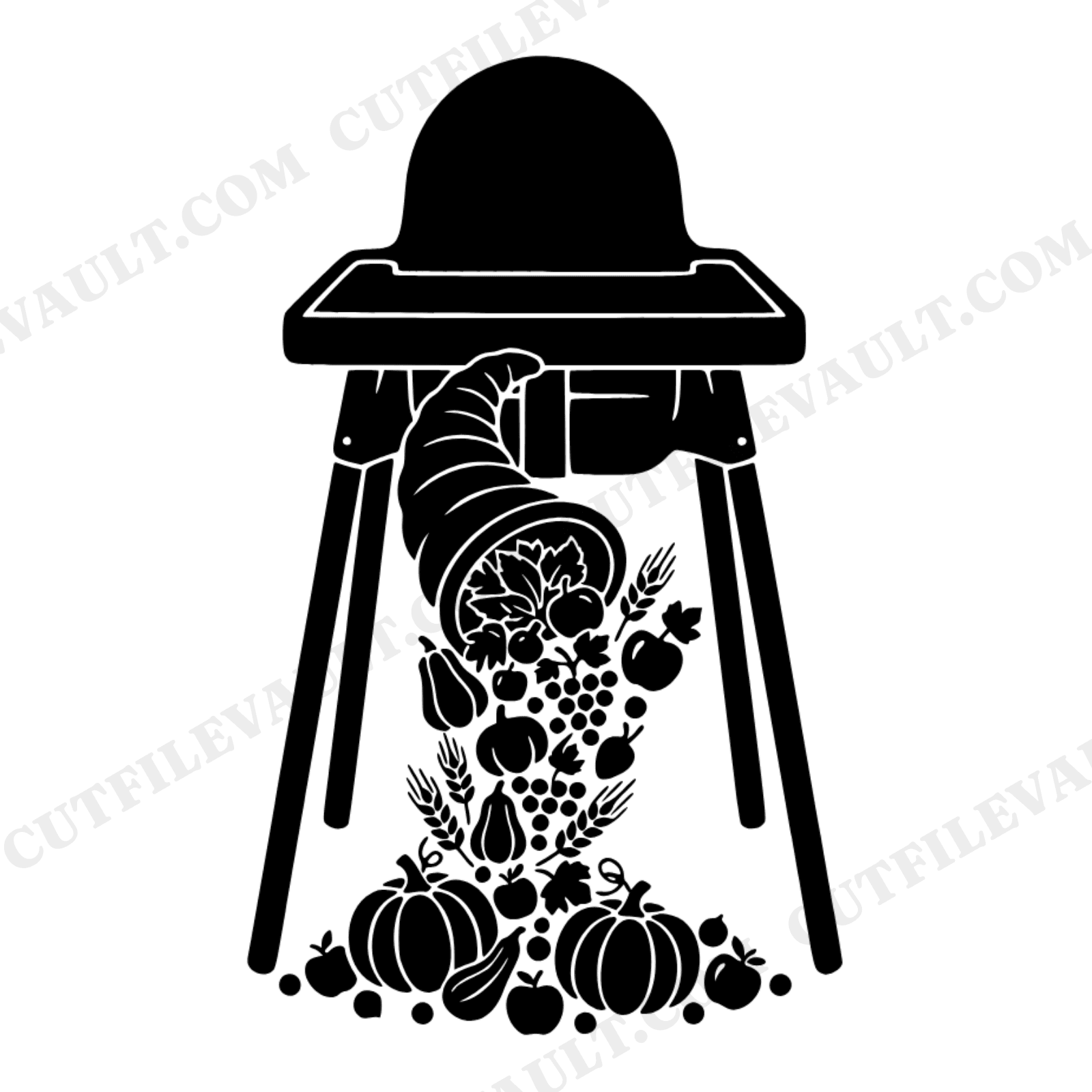 Harvest Highchair with Cornucopia SVG PNG, Baby First Thanksgiving Silhouette Cut File, view 1