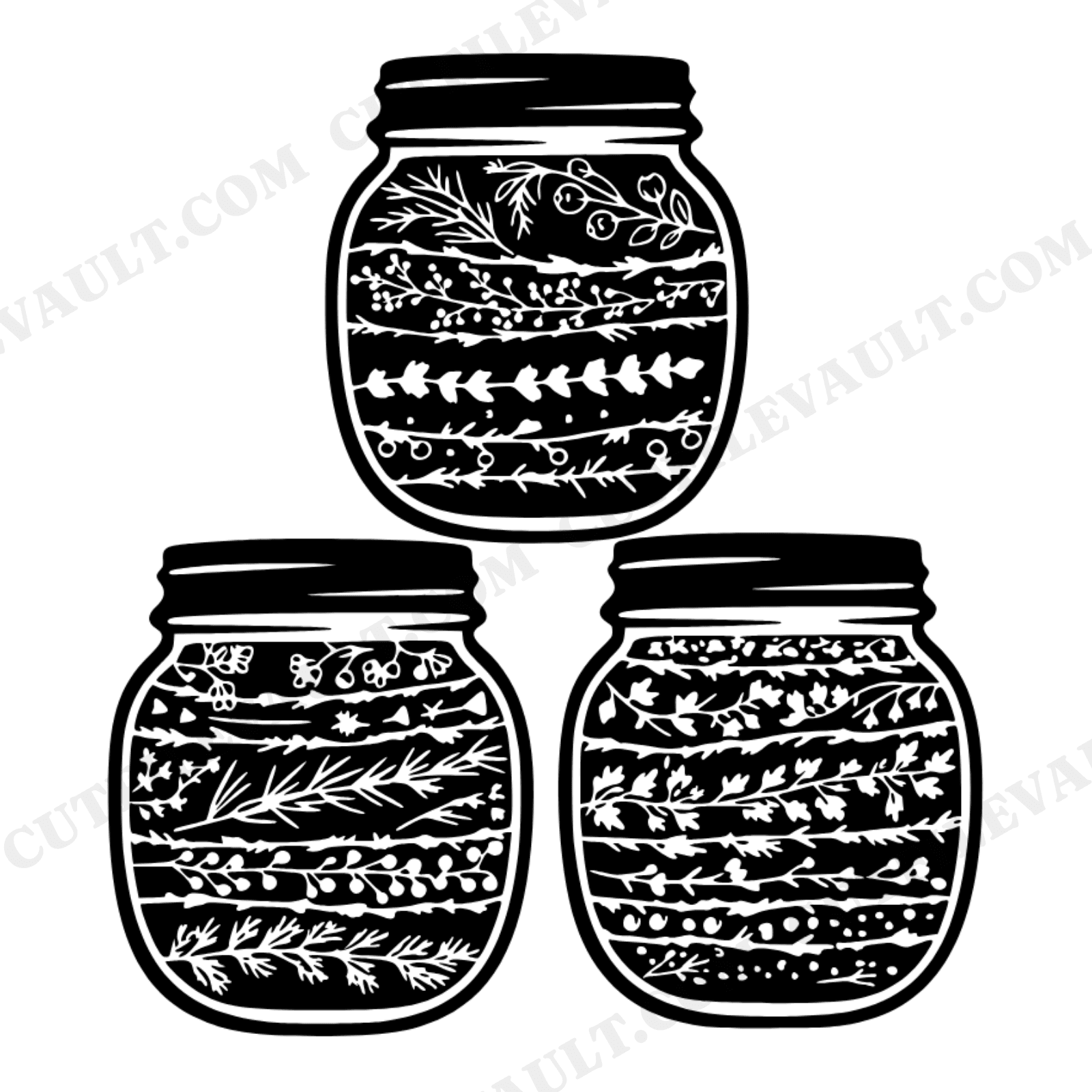 Three Mason Jars Overhead Autumn Herbs SVG PNG, Cottagecore Farmhouse Kitchen Decor Cut File, view 1