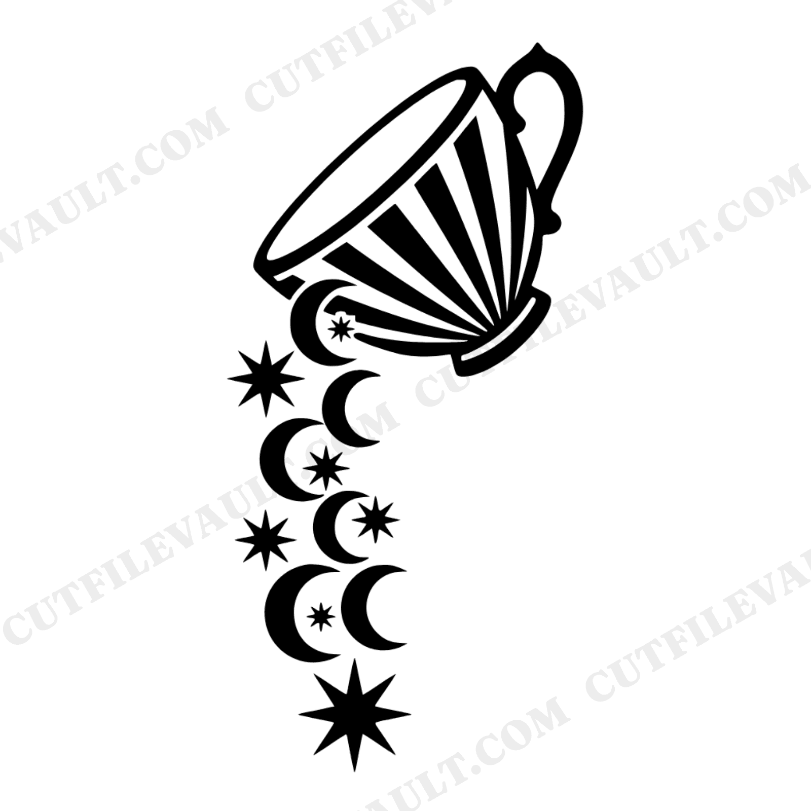 Celestial Tea Cascade SVG PNG, Art Deco Teacup with Moons and Stars, Witchy Kitchen Cut File, view 1