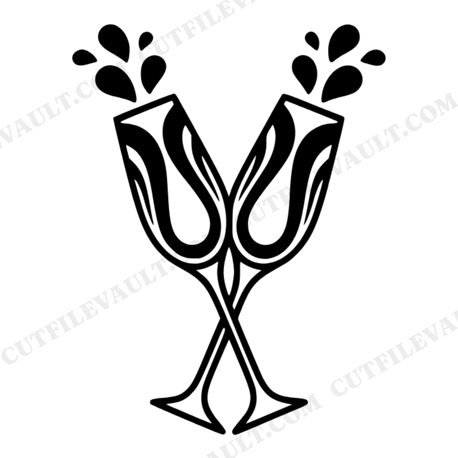 Crossed Champagne Flutes SVG PNG, Retro 70s Celebration Toast Silhouette Cut File for Cricut, view 1