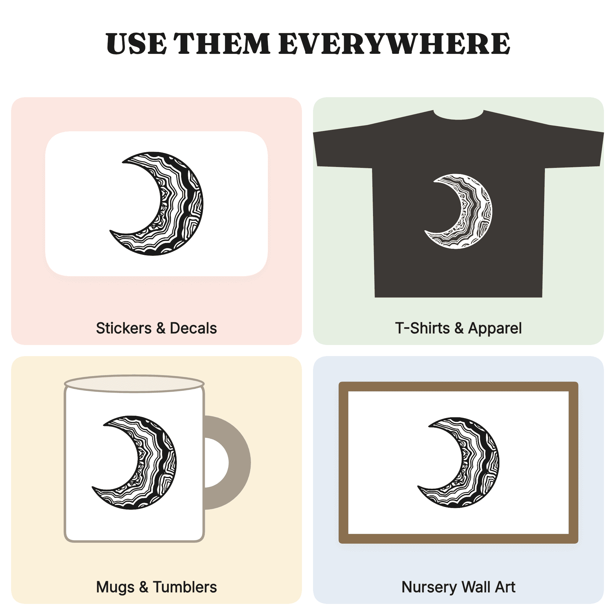 Celestial Geode Crescent Moon SVG PNG, Boho Halloween Silhouette Cut File, Mystical Crystal Moon, view 3