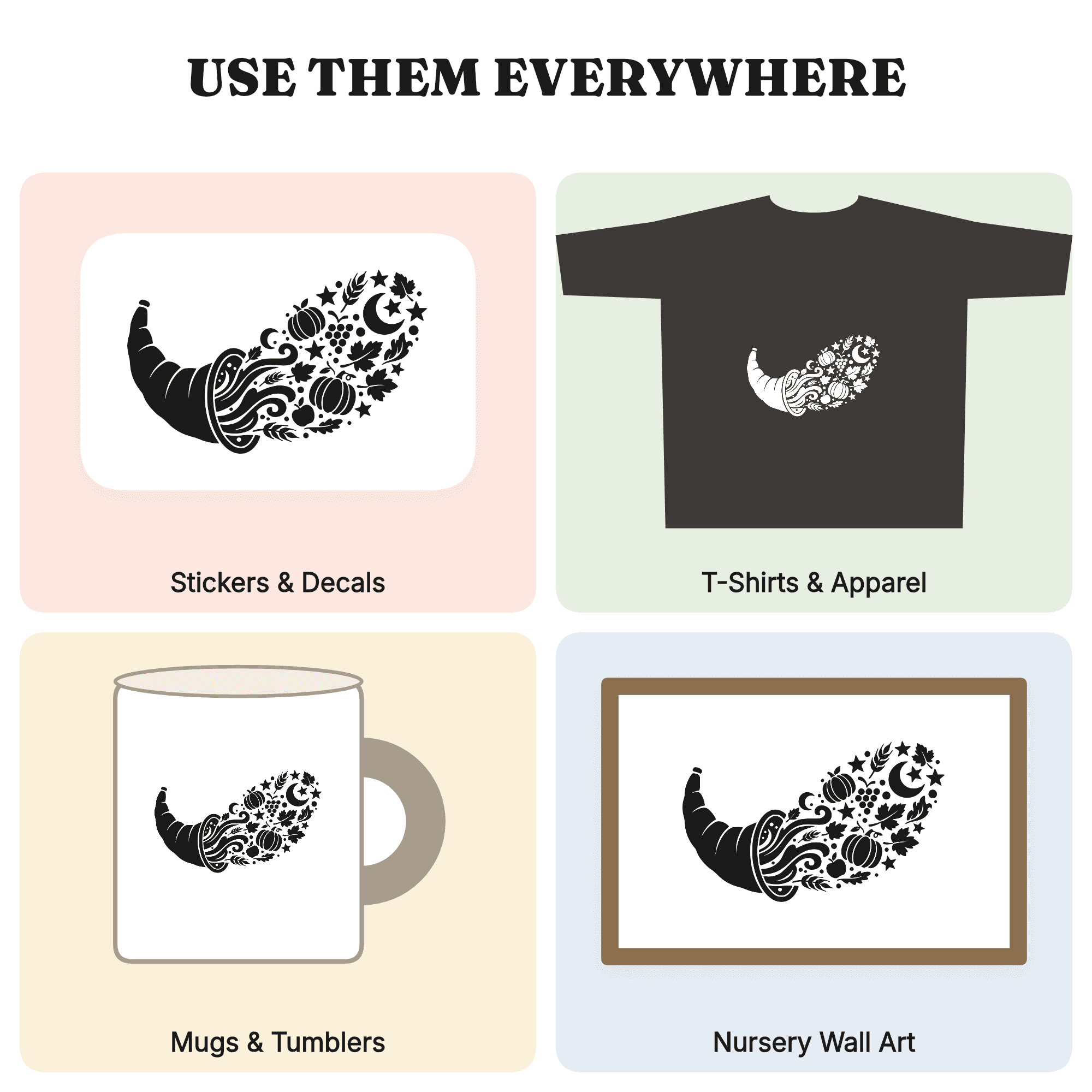 Groovy Celestial Cornucopia SVG, Retro Thanksgiving Abundance Silhouette PNG, 70s Boho Harvest, view 3