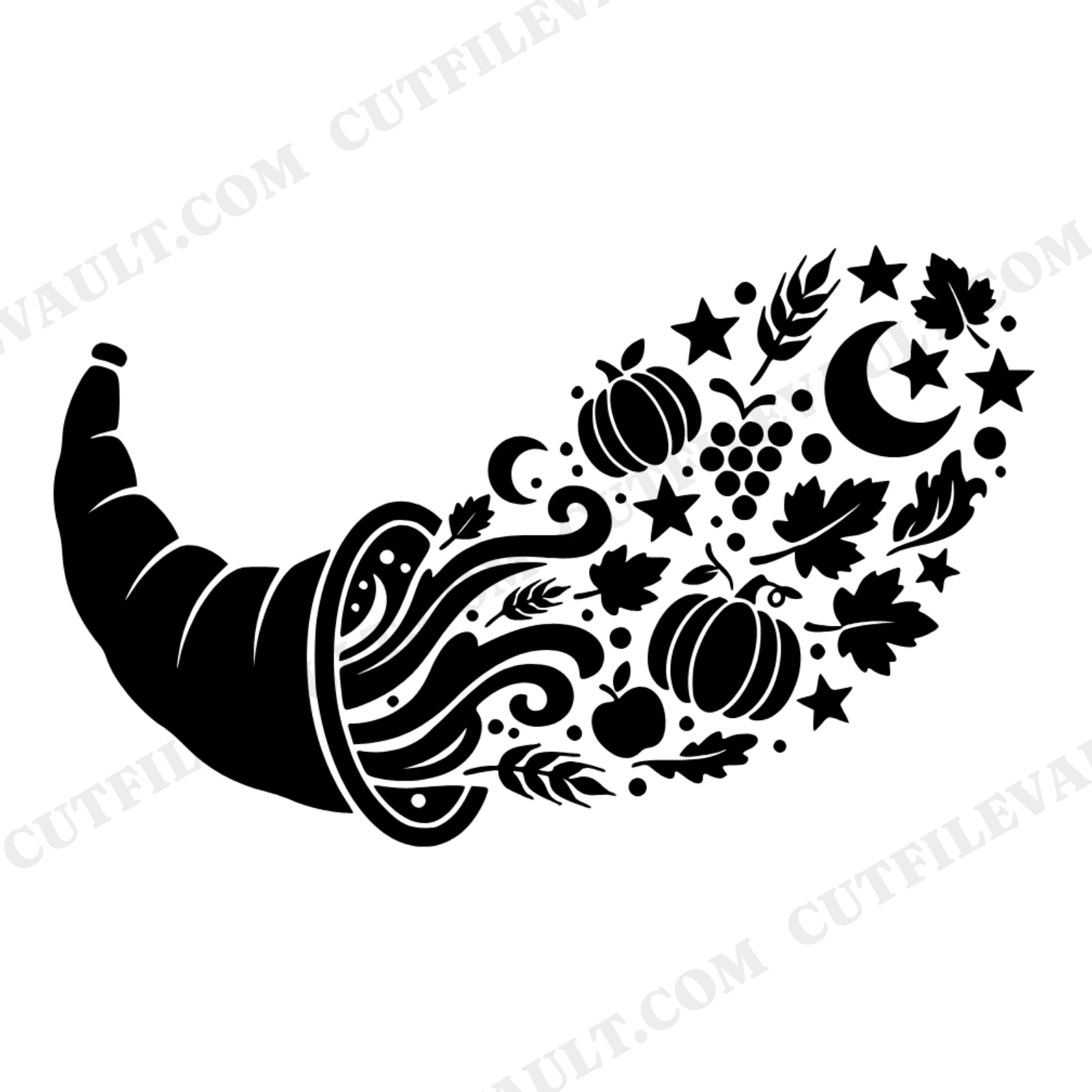 Groovy Celestial Cornucopia SVG, Retro Thanksgiving Abundance Silhouette PNG, 70s Boho Harvest, view 1