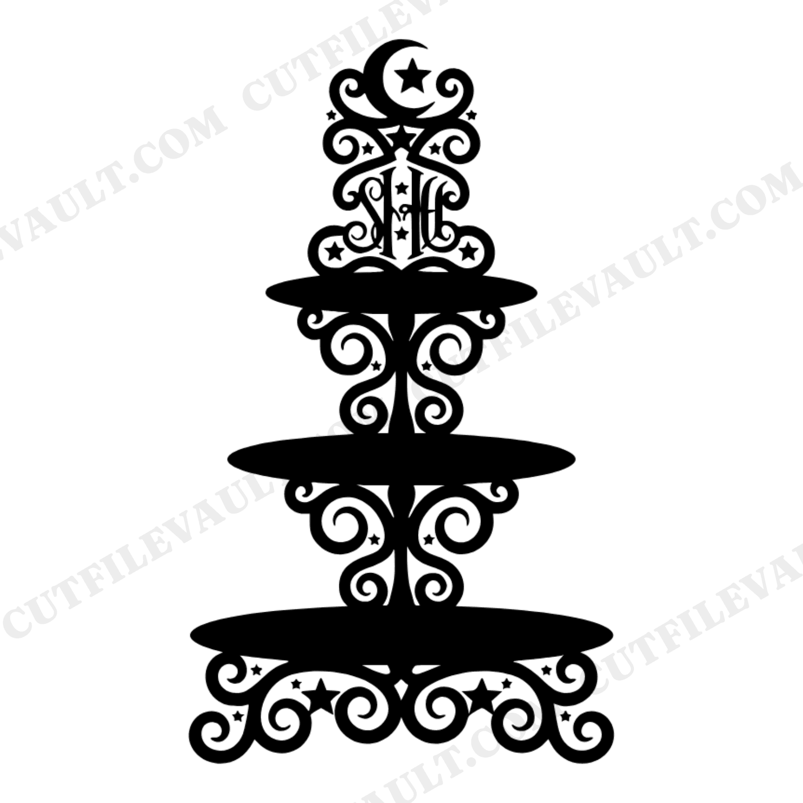 Celestial Three Tier Dessert Stand SVG PNG, Moon Phases Stars Scrollwork Cut File for Thanksgiving, view 1