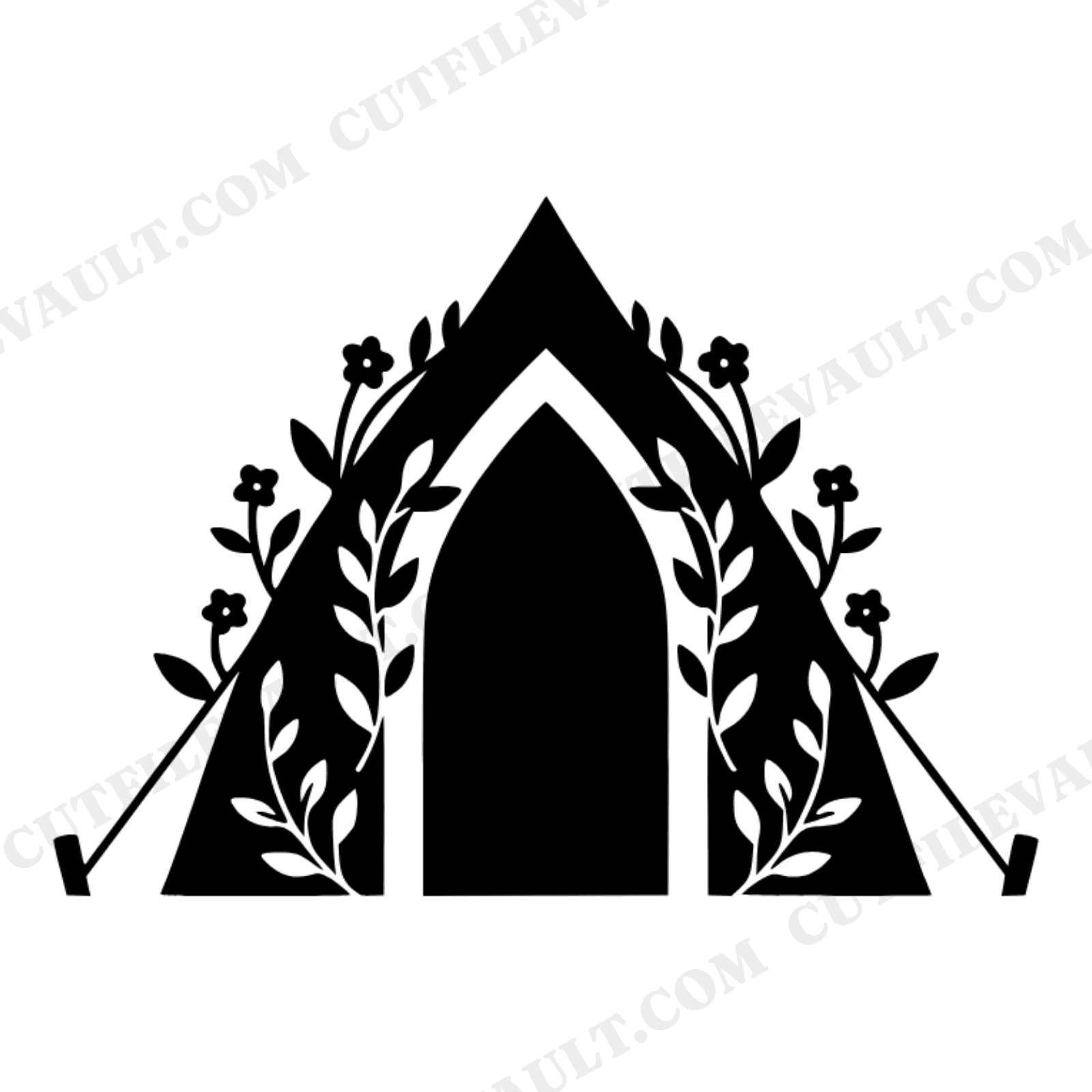 Gothic Arch Camping Tent SVG PNG, Vintage Botanical Vines, Halloween Outdoor Adventure Cut File, view 1
