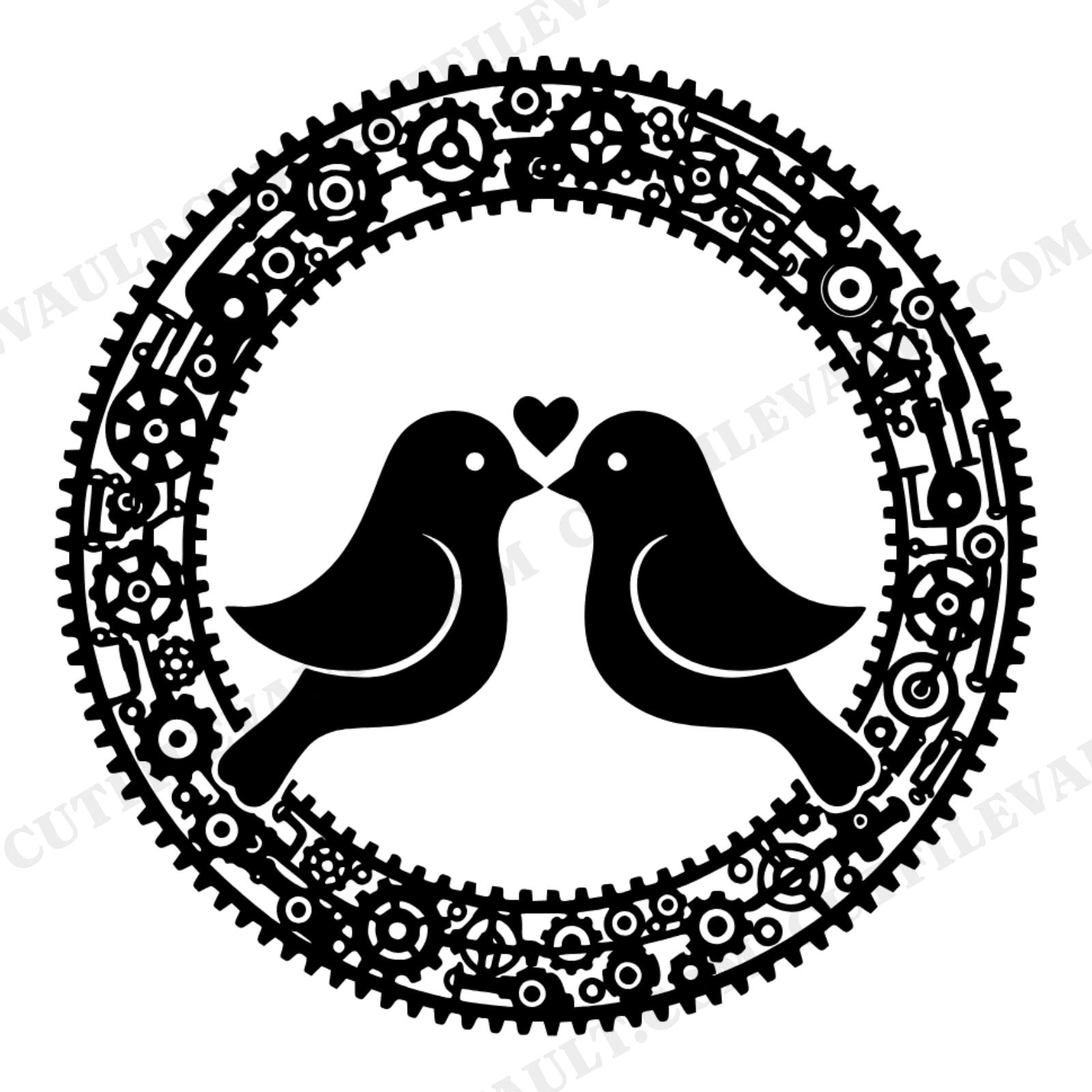 Lovebirds Steampunk Gear Wreath SVG PNG Valentine Silhouette Cut File for Cricut Silhouette, view 1