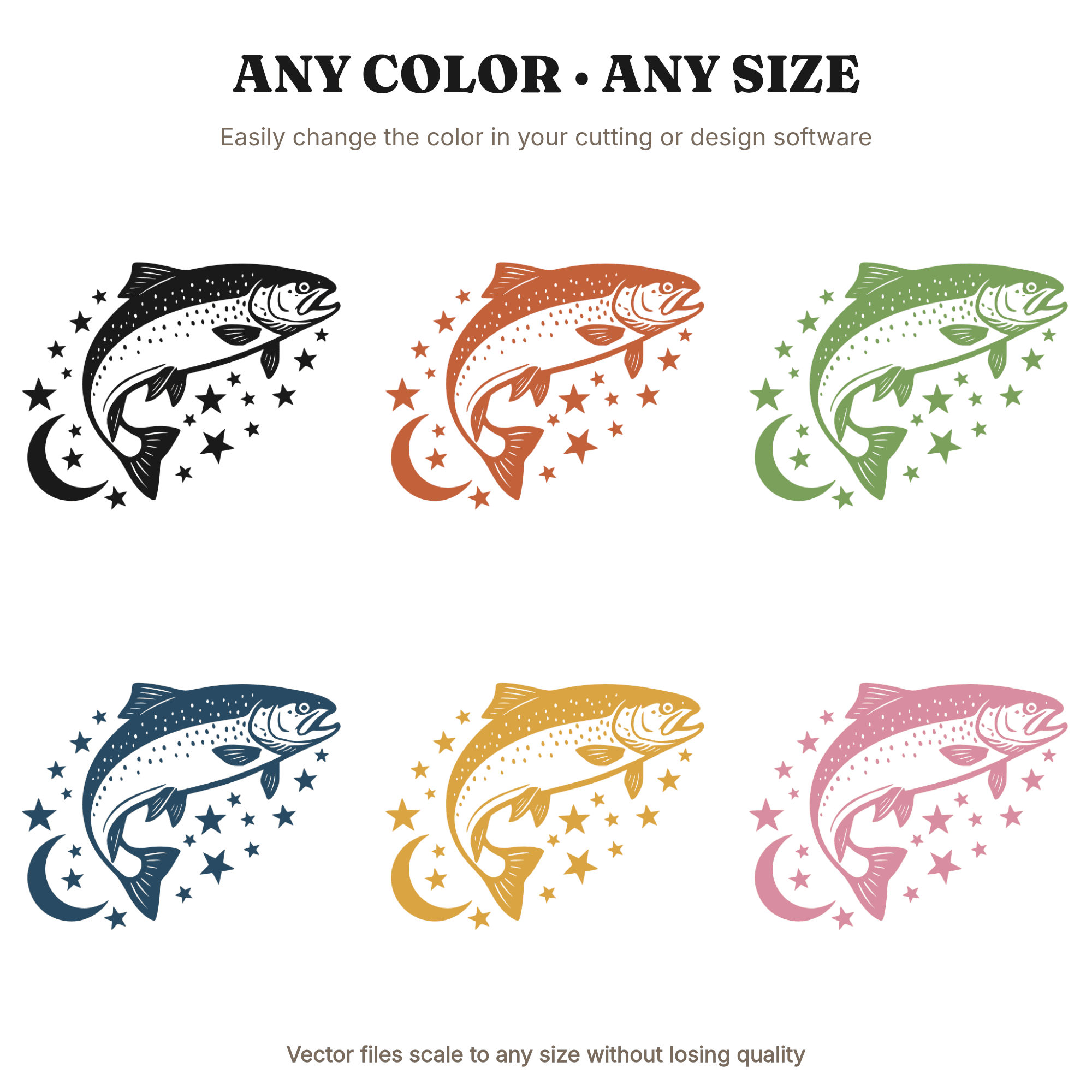 Mystical Trout Leap SVG PNG, Celestial Fish Jump Cut File, Moon Stars Fishing Design for Cricut, view 2