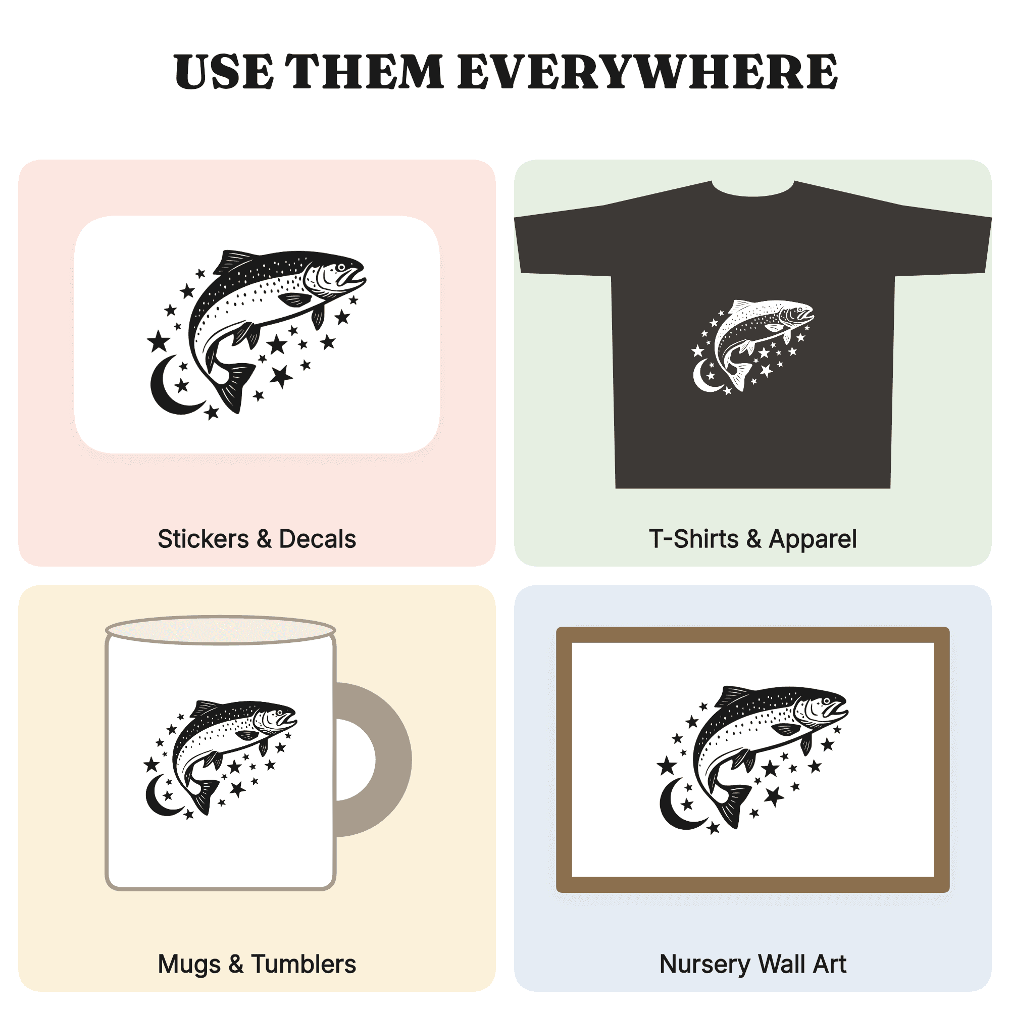 Mystical Trout Leap SVG PNG, Celestial Fish Jump Cut File, Moon Stars Fishing Design for Cricut, view 3