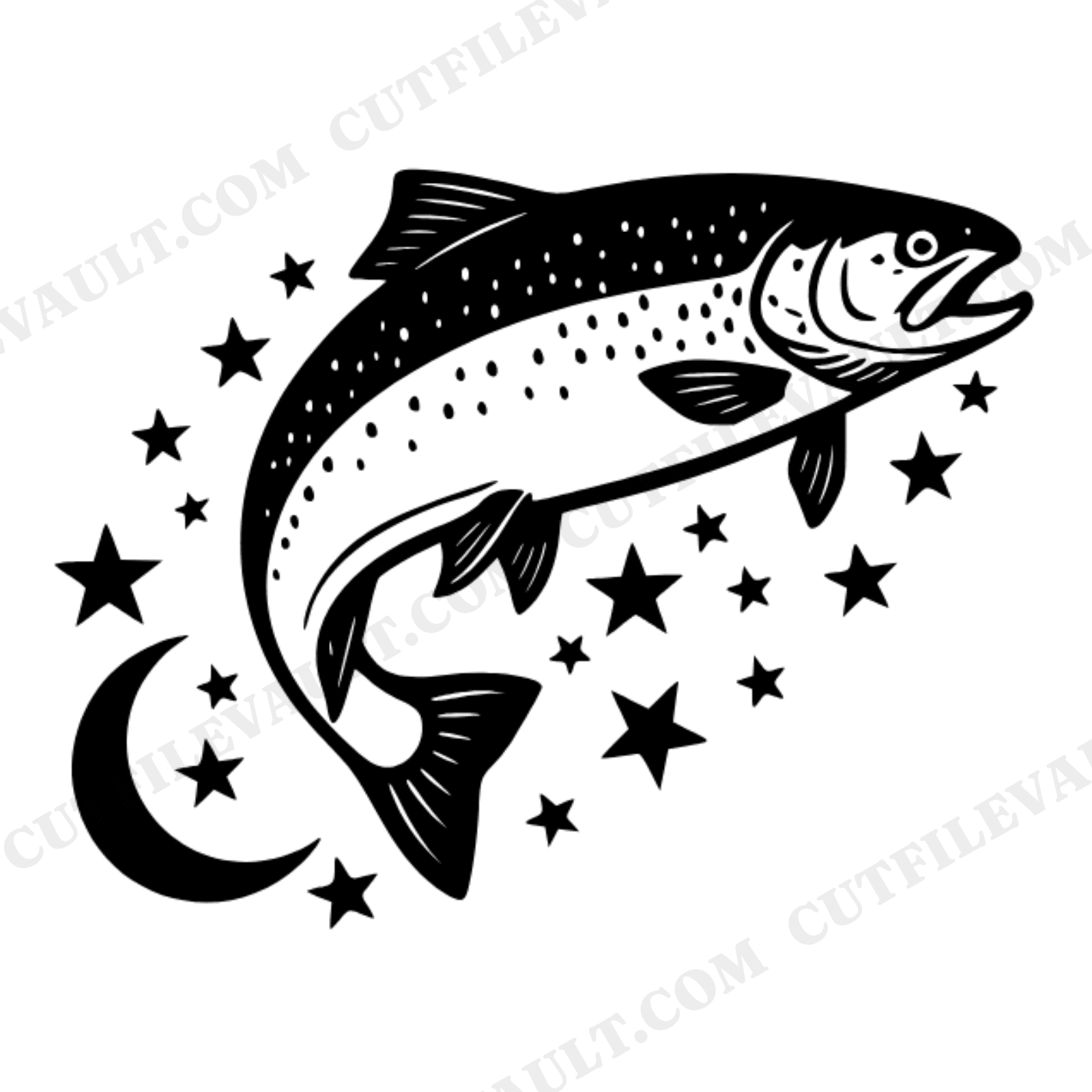 Mystical Trout Leap SVG PNG, Celestial Fish Jump Cut File, Moon Stars Fishing Design for Cricut, view 1