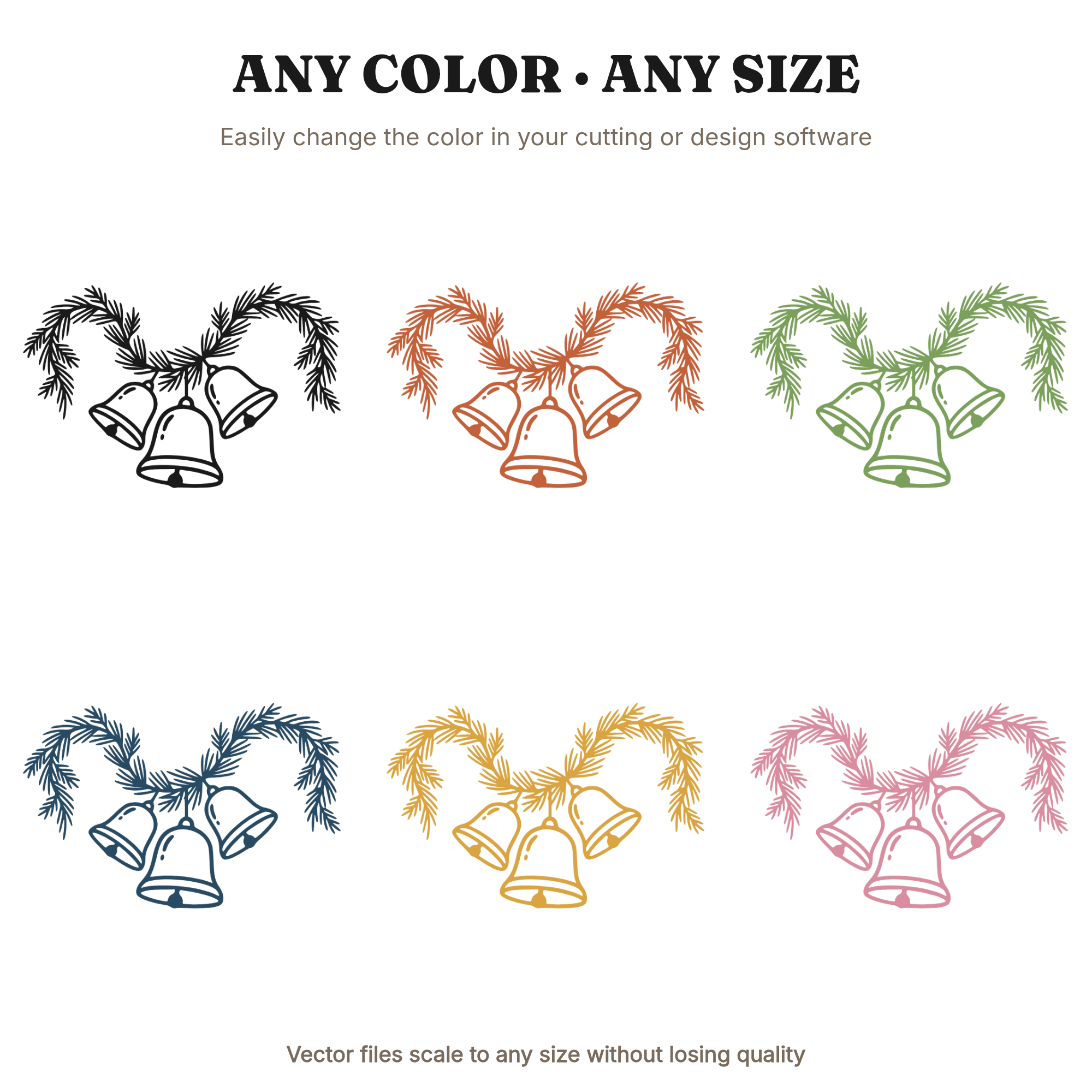 Three Wedding Bells with Evergreen Garland SVG PNG, Christmas Wedding Invitation Cut File, view 2