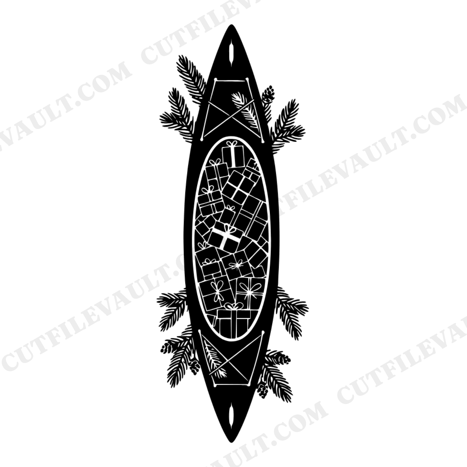 Christmas Kayak Delivery SVG, Overhead View Silhouette, Holiday Paddle Sports PNG Cut File, view 1