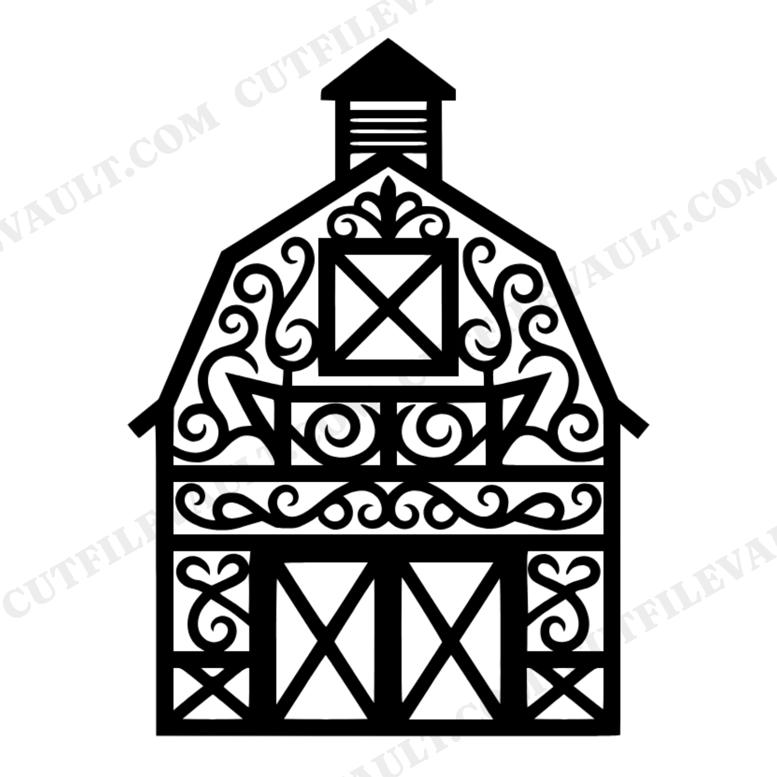 Symmetrical Barn SVG PNG, Halloween Farmhouse Silhouette, Ornamental Cross Beams Cut File, view 1