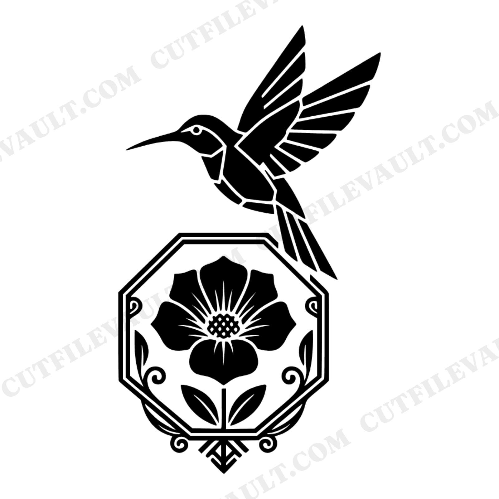 Art Deco Hummingbird SVG PNG, Valentine's Day Botanical Frame Cut File, Geometric Flower Design, view 1