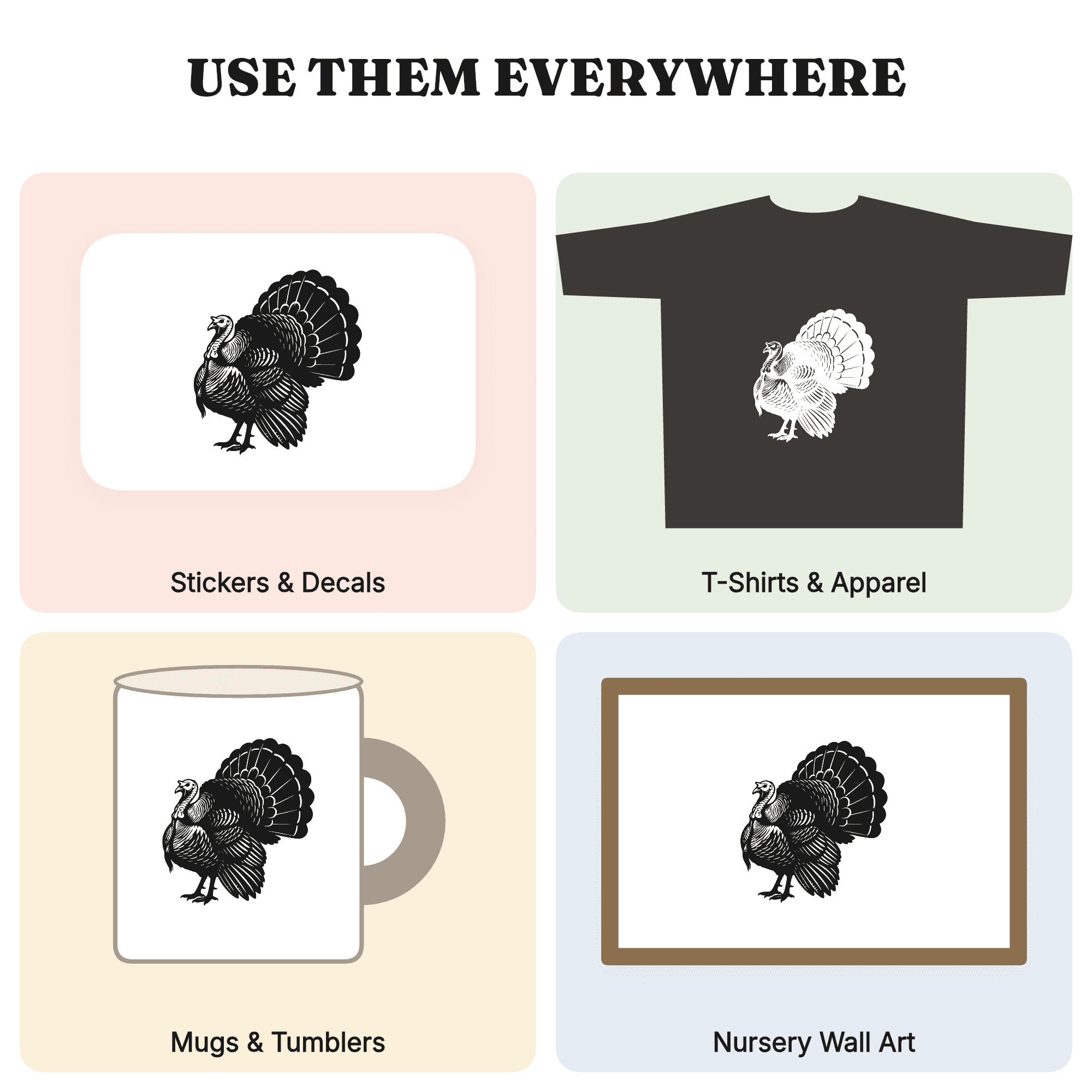 Wild Turkey Fan Silhouette SVG PNG Left Facing Thanksgiving Hunting Outdoor Wildlife Cut File, view 3