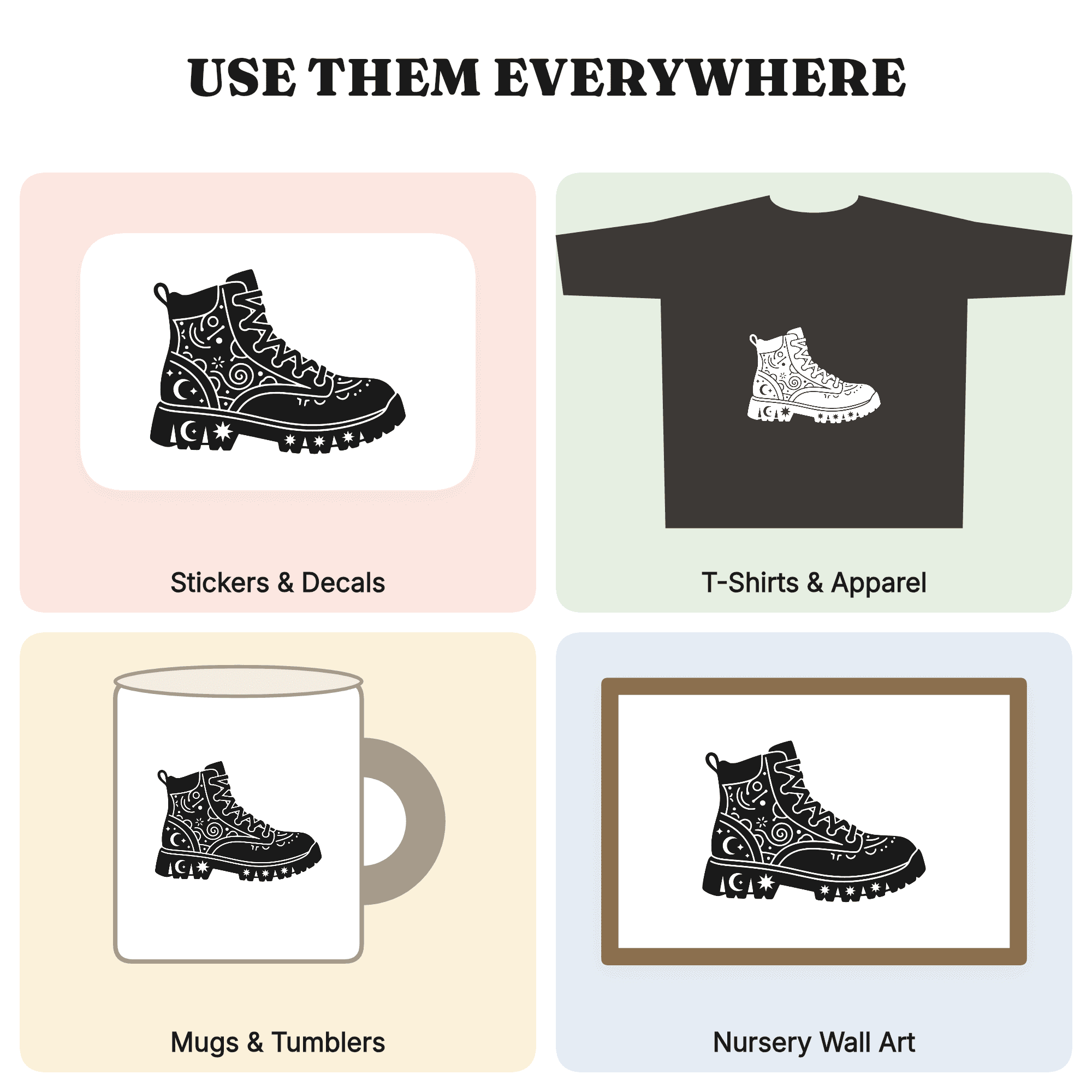 Celestial Hiking Boot SVG PNG, Geometric Tread Boot Silhouette Cut File, Mystical Outdoor Adventure, view 3